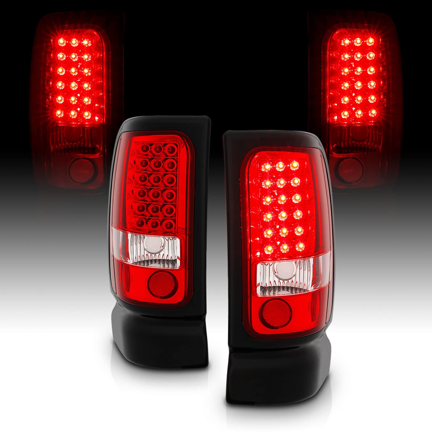 AmeriLite Red/Clear LED Brake Tail Lights Set Compatible with 1994-2001 Dodge Ram 1500 2500 3500 - Left & Right Side Replacement - Enhanced Visibility & Safety for Night Driving & Towing