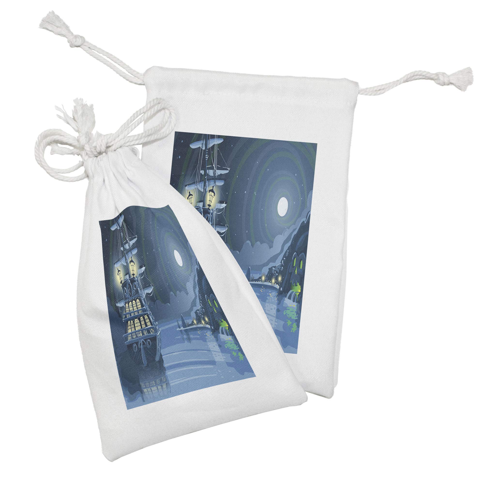 Ambesonne 2-Pack Nautical Fabric Drawstring Pouches - Pirate Ship & Moon Design, 9