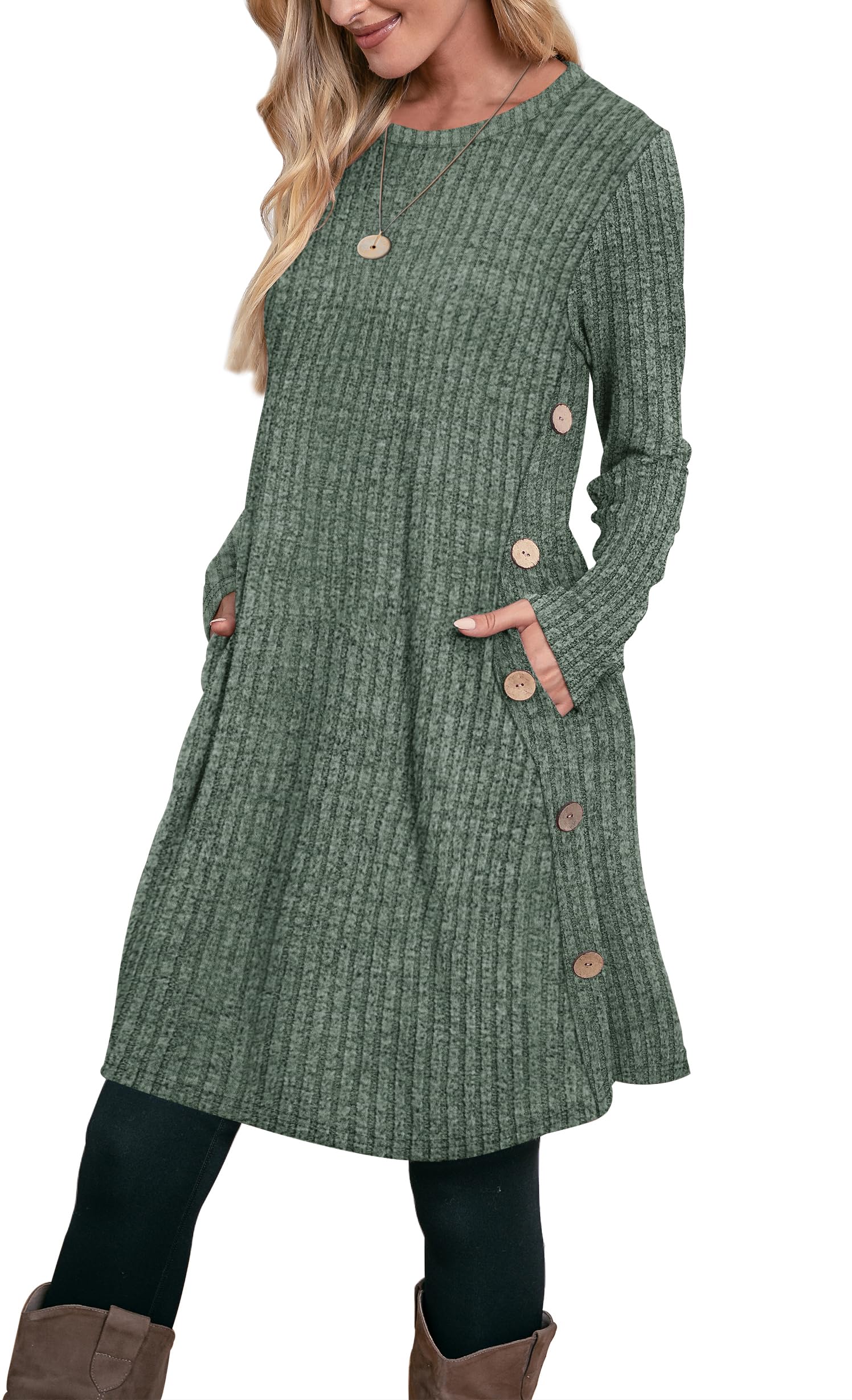 Aokosor Women's Long Sleeve Jumper Tunic Dress with Pockets & Side Buttons - Casual Stretchy Dress for Leggings - Perfect for Work, Date Night & Fall Layering