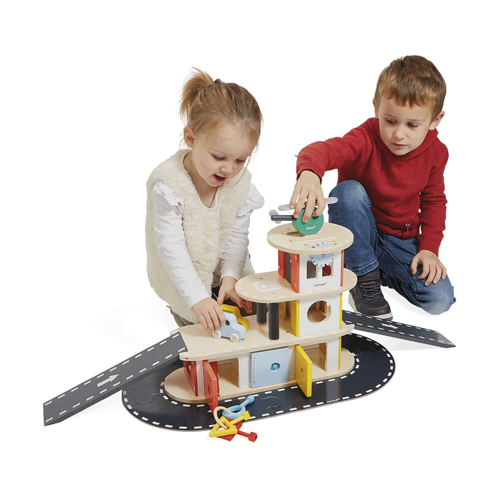 Janod Bolid Garage - Wooden Toy Car Garage for Kids with Elevator & Parking - Perfect for Pretend Play, Gift for Boys & Girls Ages 3+