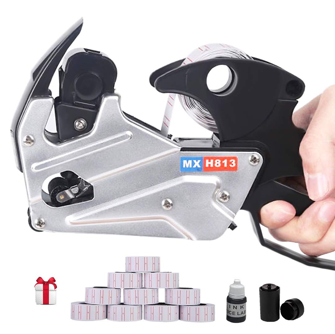 MX-h813 Price Tag Gun for Clothing Tags - 1 Line Label Gun with 10 Roll Labels, Ink Wheel & Stickers | Perfect for Retail, Warehouse & Expiration Date Labeling | Price Sticker Gun for Clothing, Grocery & Inventory Management