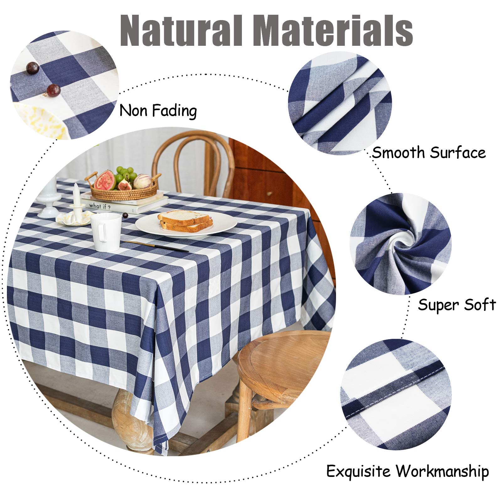Premium Cotton Linen Round Checkered Tablecloth - Stain Resistant, Wrinkle Free & Anti-Fading - 55