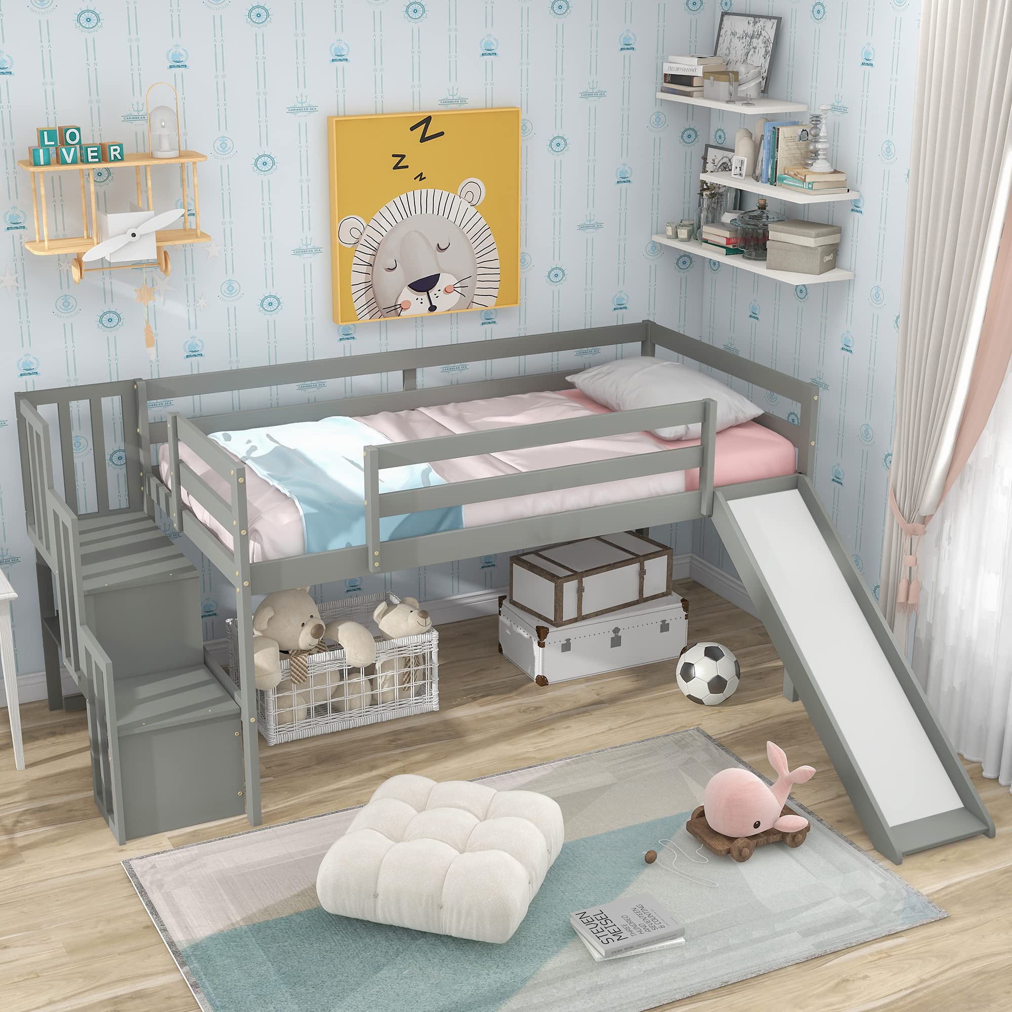 Olela Solid Wood Twin Loft Bed with Stairs and Slide - Low Profile Kids Bunk Bed for Small Spaces - Space-Saving Junior Bedroom Furniture (Grey) - Perfect for Small Bedrooms, Playrooms & Dorm Rooms