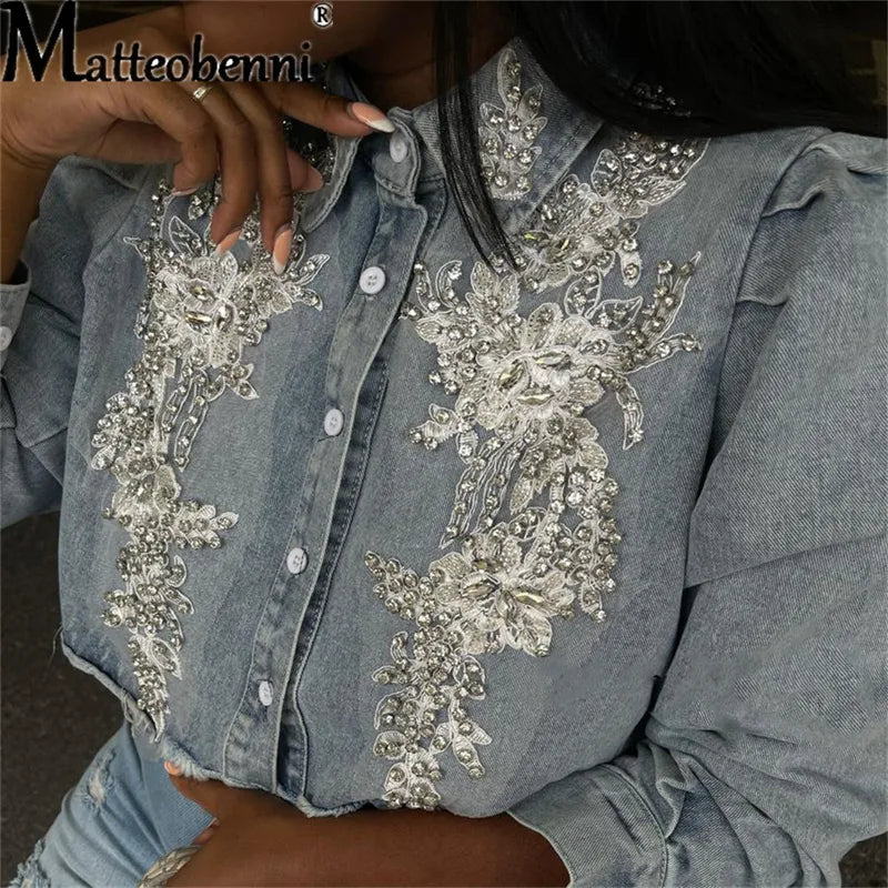 Women's Embroidered Pearl Denim Jacket - Casual Short Jean Coat with Long Sleeves for Autumn | Street Style Outerwear for Daily Wear, Dating, and Weekend Outings