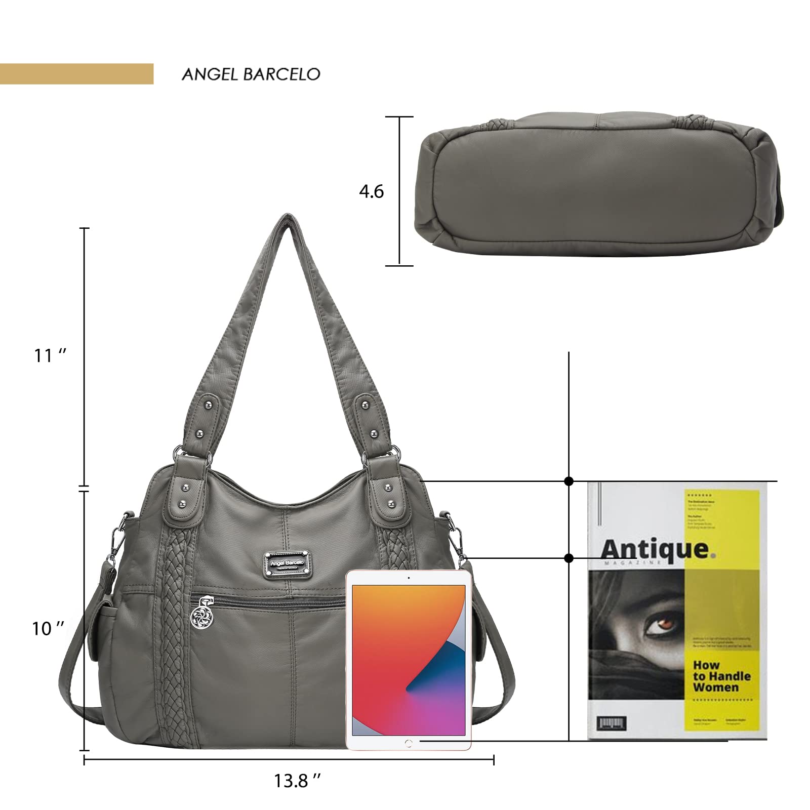 Angel Barcelo Women's Roomy Fashion Hobo Handbag - Washed Leather Satchel Shoulder Purse & Tote Bag for Work, Travel & Everyday Use