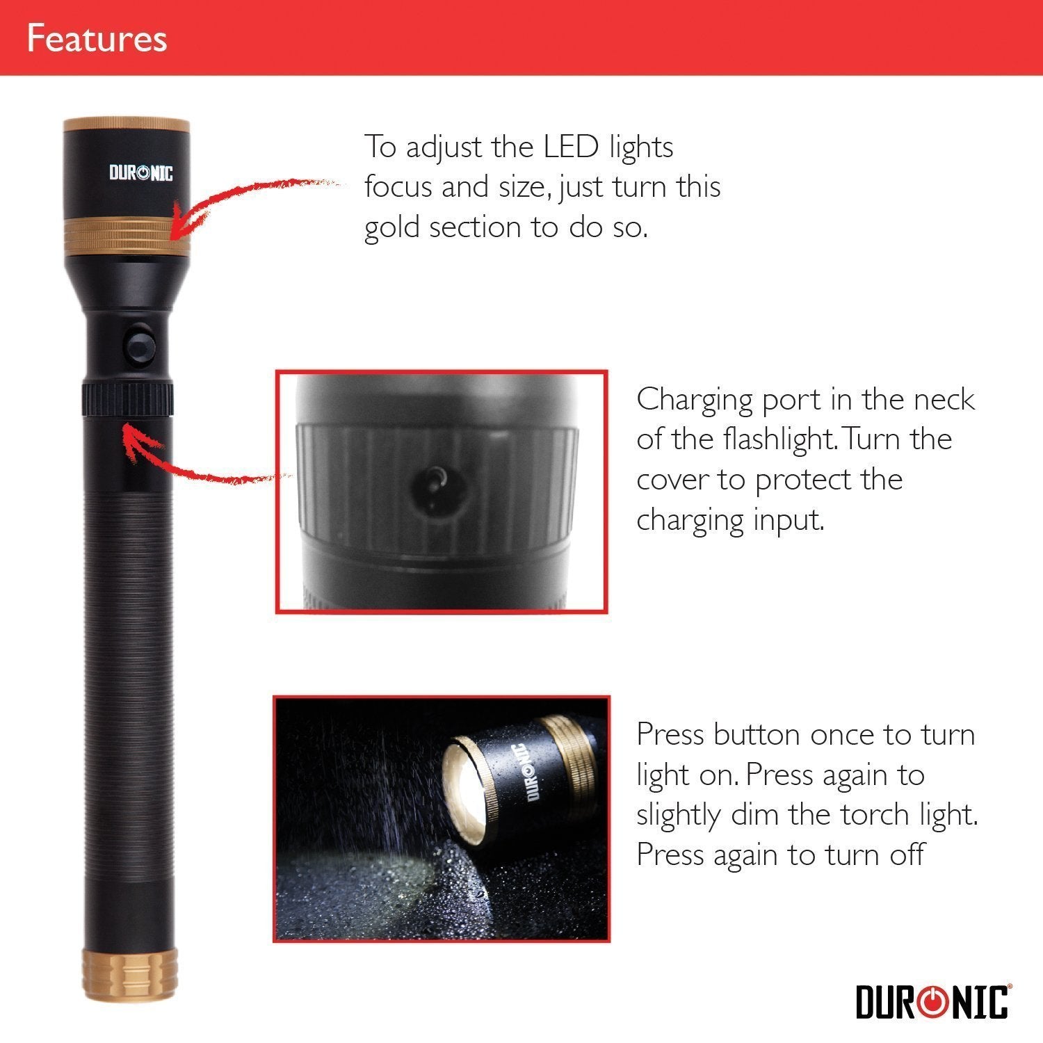 Duronic RFL901AA Rechargeable LED Flashlight - Super Bright 600m Beam, 2200mAh Battery, Adjustable Focus with AC Charger | Perfect for Camping, Hiking, Emergency & Outdoor Adventures