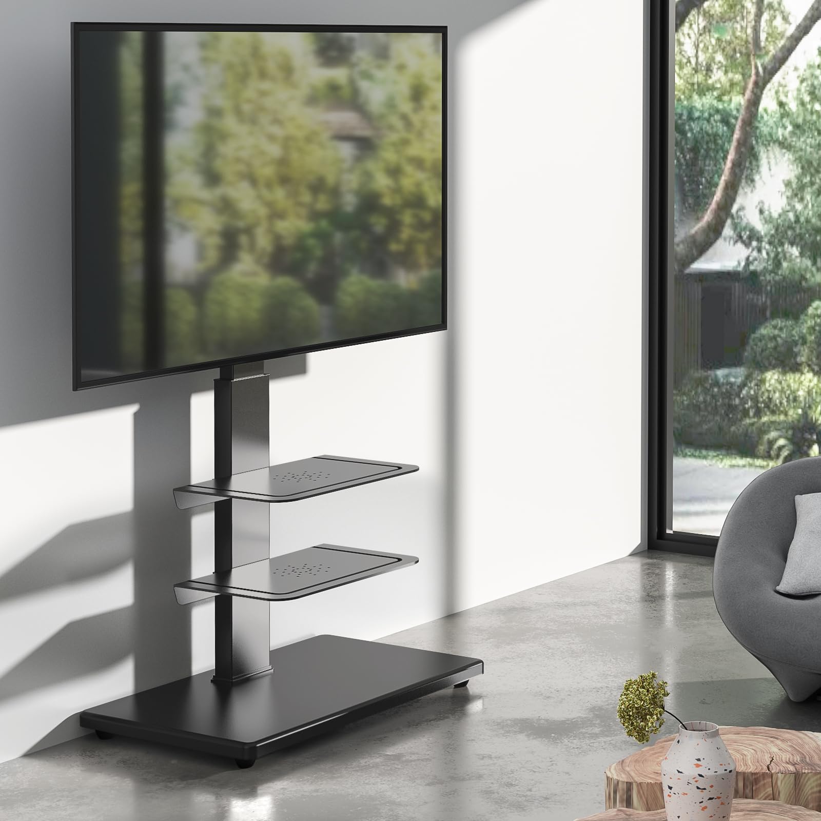 Swivel Floor TV Stand with Mount - Wood Base & 2 Adjustable Media Shelves for 40-77 Inch Flat/Curved TVs - Height Adjustable Corner TV Stand for Bedroom, Living Room & Office - Perfect for Home Theater & Gaming Setup