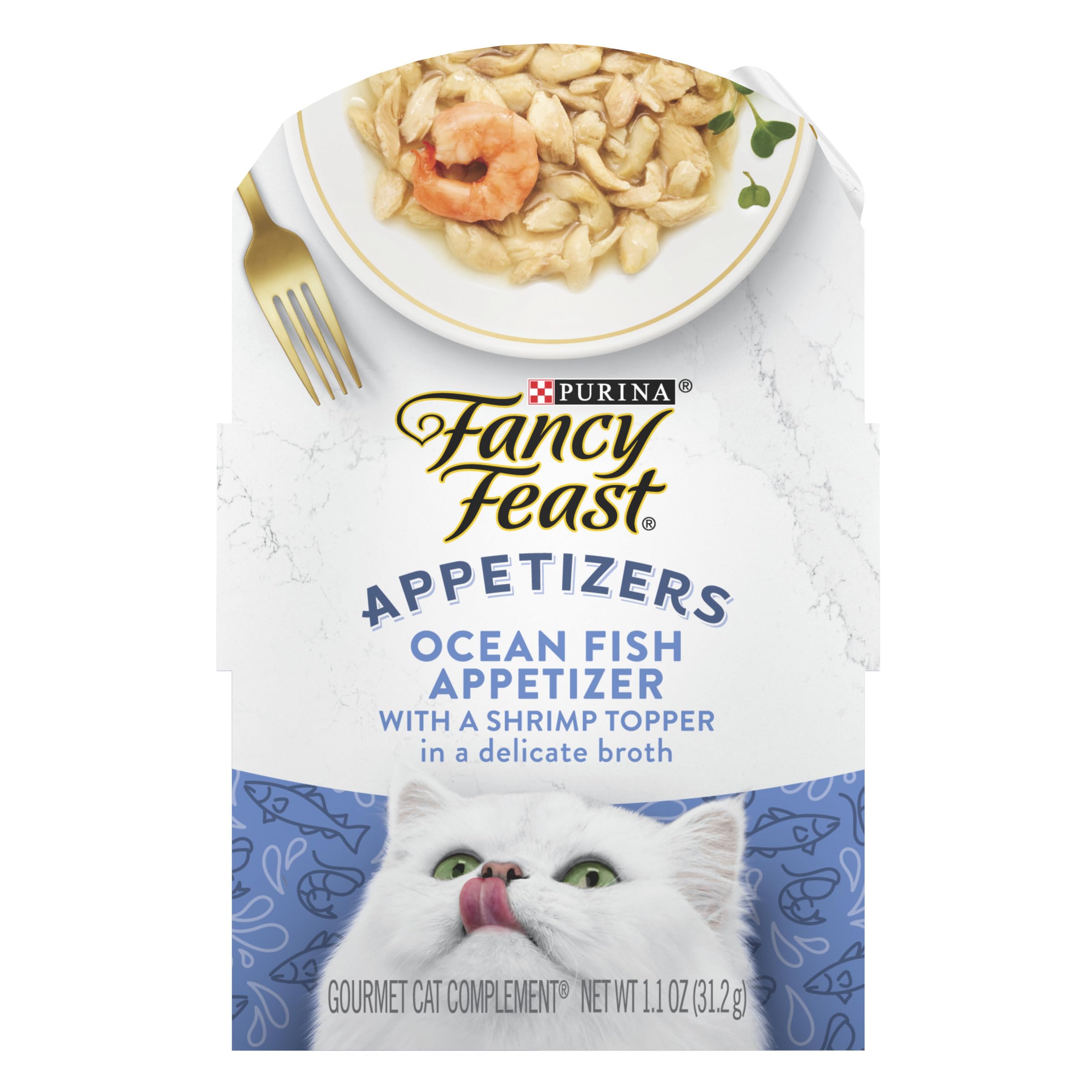 Purina Fancy Feast Grain-Free Wet Cat Food Topper - Ocean Fish & Shrimp Flavor (10 Pack, 1.1 oz Trays) | Delicious Appetizer for Picky Eaters & Senior Cats | Perfect for Mealtime Enhancement & Weight Gain Support