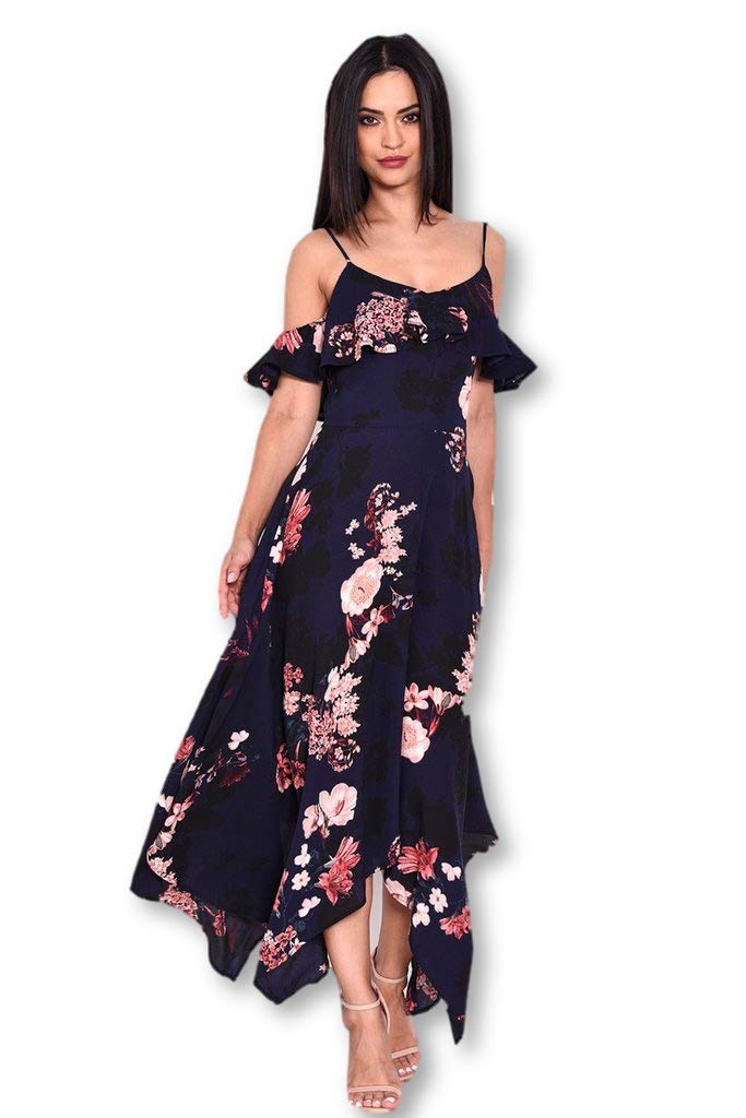 AX Paris Women's Floral Cold Shoulder Maxi Dress - Elegant Summer Beach Dress for Vacations, Weddings & Date Nights