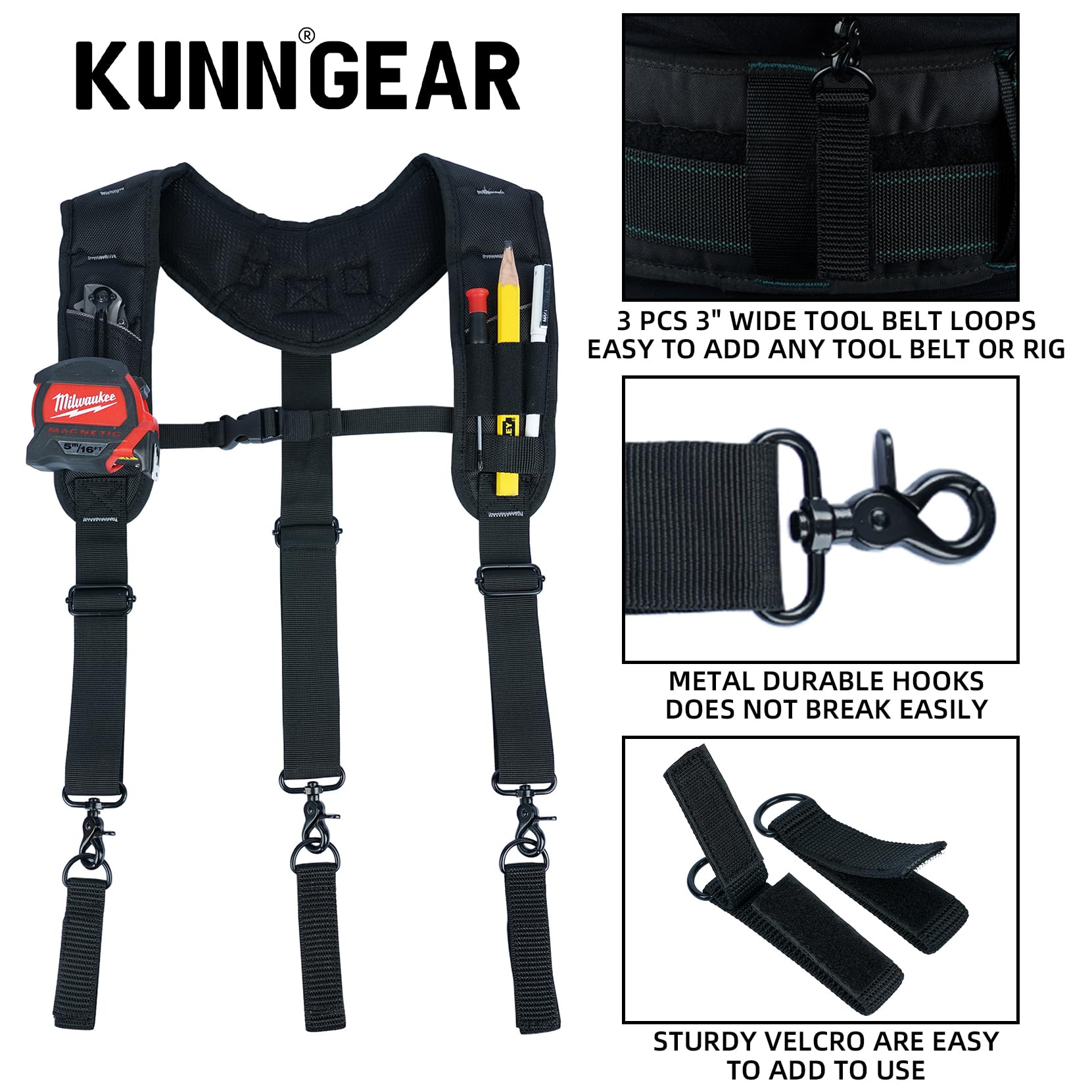 KUNN Heavy Duty 3-Point Padded Tool Belt Suspenders for Men - Adjustable Construction Work Suspender with Tool Belt Loops & Comfortable Shoulder Pads - Perfect for Carpenters, Electricians & DIY Home Improvement Projects