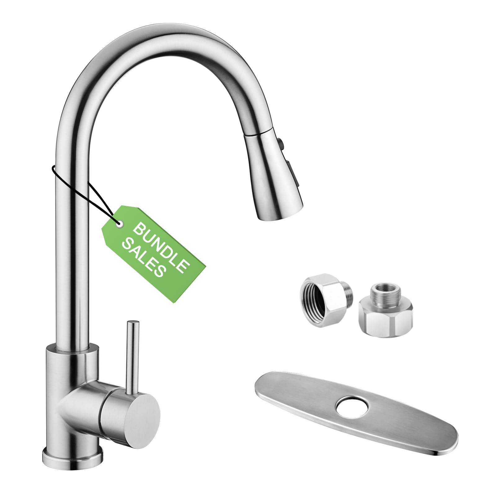 Stainless Steel Pull Down Sprayer Kitchen Faucet - Brushed Nickel High Arc Single Handle Single Hole Sink Faucet with 3/8” to 1/2” Adapter & 10