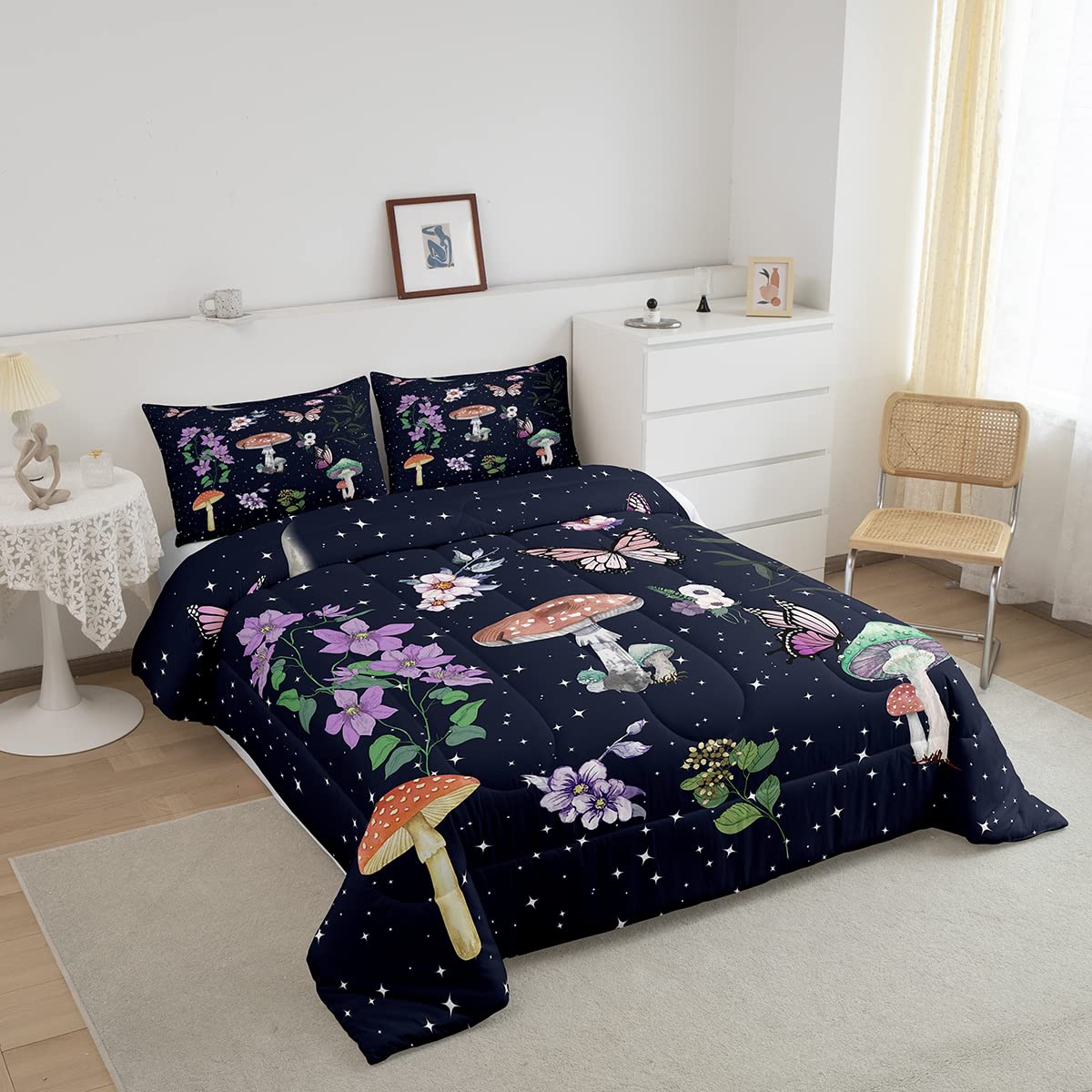Boho Mushroom Twin Size Comforter Set - Stars Moon Phase Galaxy Duvet Cover & Pillowcase - Purple Flower Butterfly Soft Microfiber Bedding for Kids Boys Bedroom - Perfect for Cozy Sleepovers & Themed Room Decor