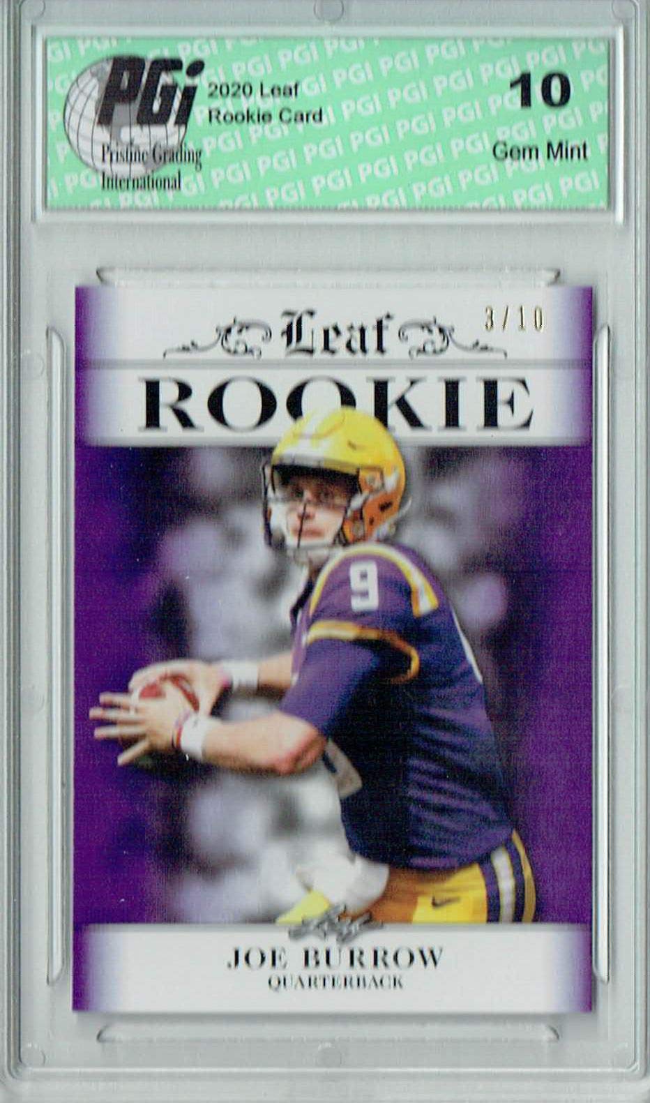 Joe Burrow 2020 Leaf Exclusive #2 Purple Rookie Card PGI 10 - Limited Edition of 10 - Perfect for NFL Collectors and Cincinnati Bengals Fans - Display in Home Office or Man Cave