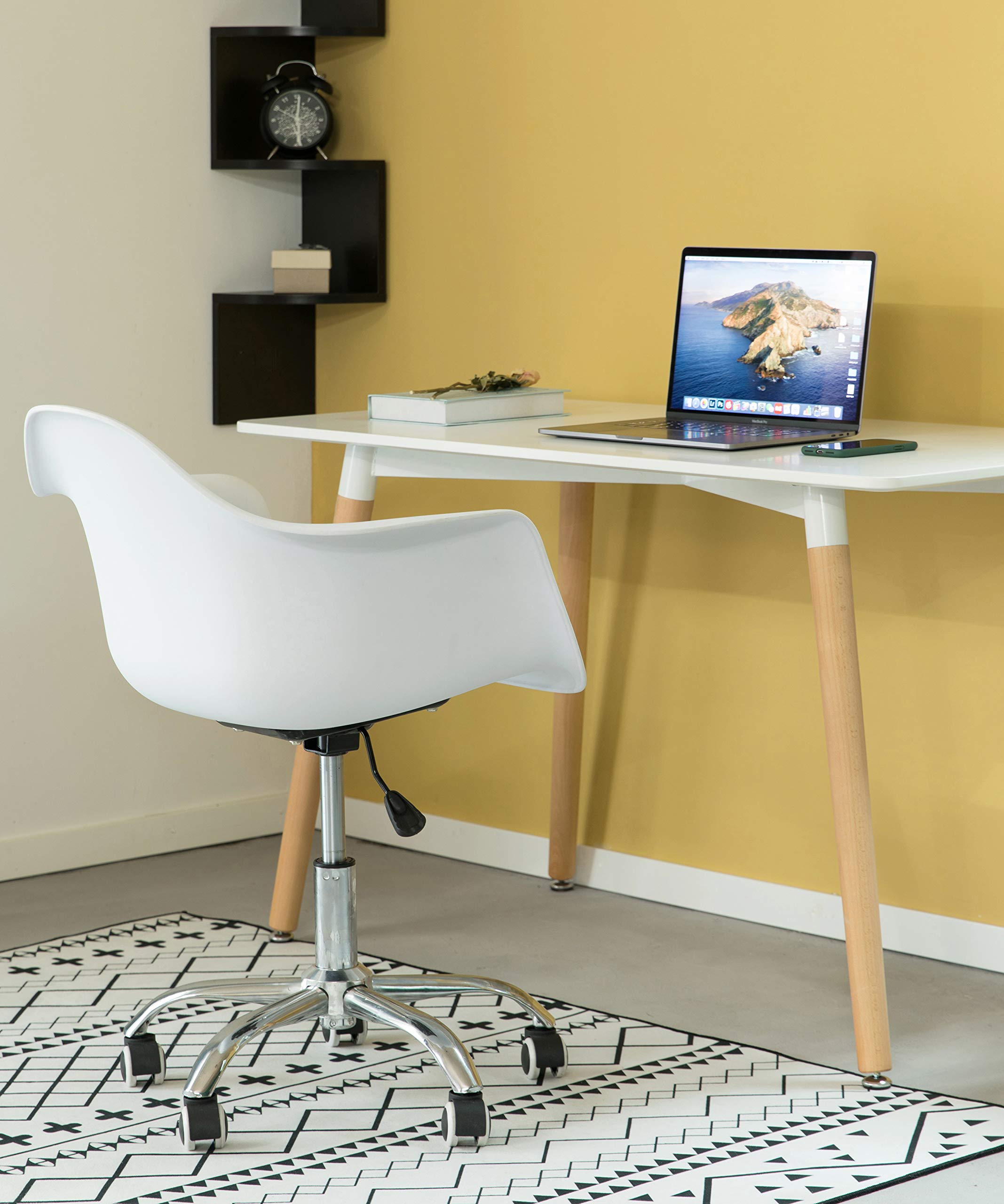 Fabulaxe Mid-Century Modern Swivel Office Chair with Rolling Wheels - Ergonomic Plastic Shell Task Chair in Bold White - Perfect for Home Office, Study & Workspace