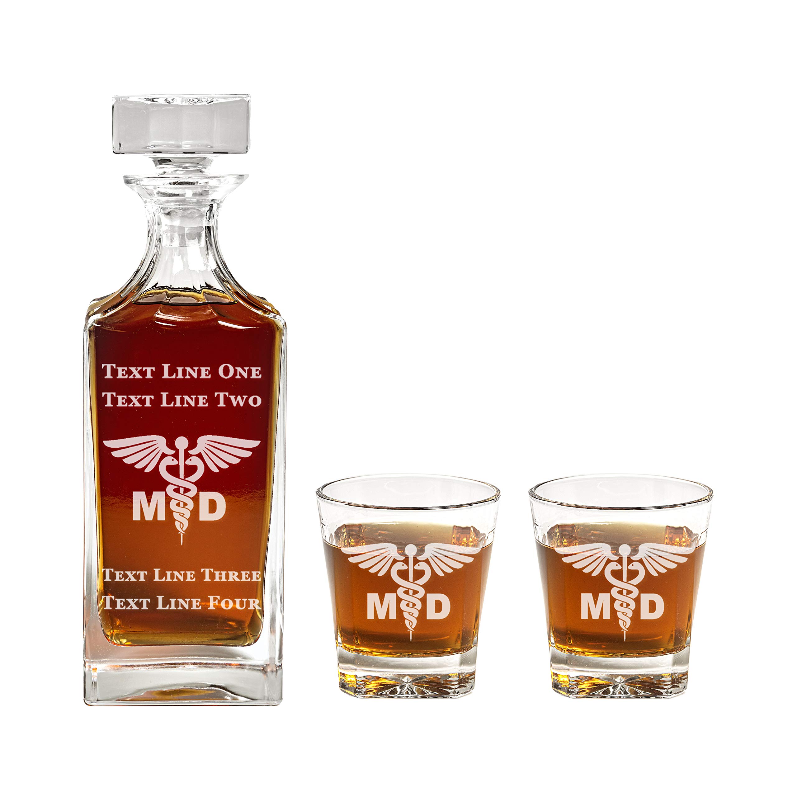 MD Caduceus Decanter Set - 900ml Engraved Glass Decanter with Doctor Caduceus Symbol - Perfect Retirement Gift, Promotion Gift, Unique Milestone Present for Doctors (Men & Women) - Ideal for Home Bar, Office Decor, or Medical Professional Appreciation