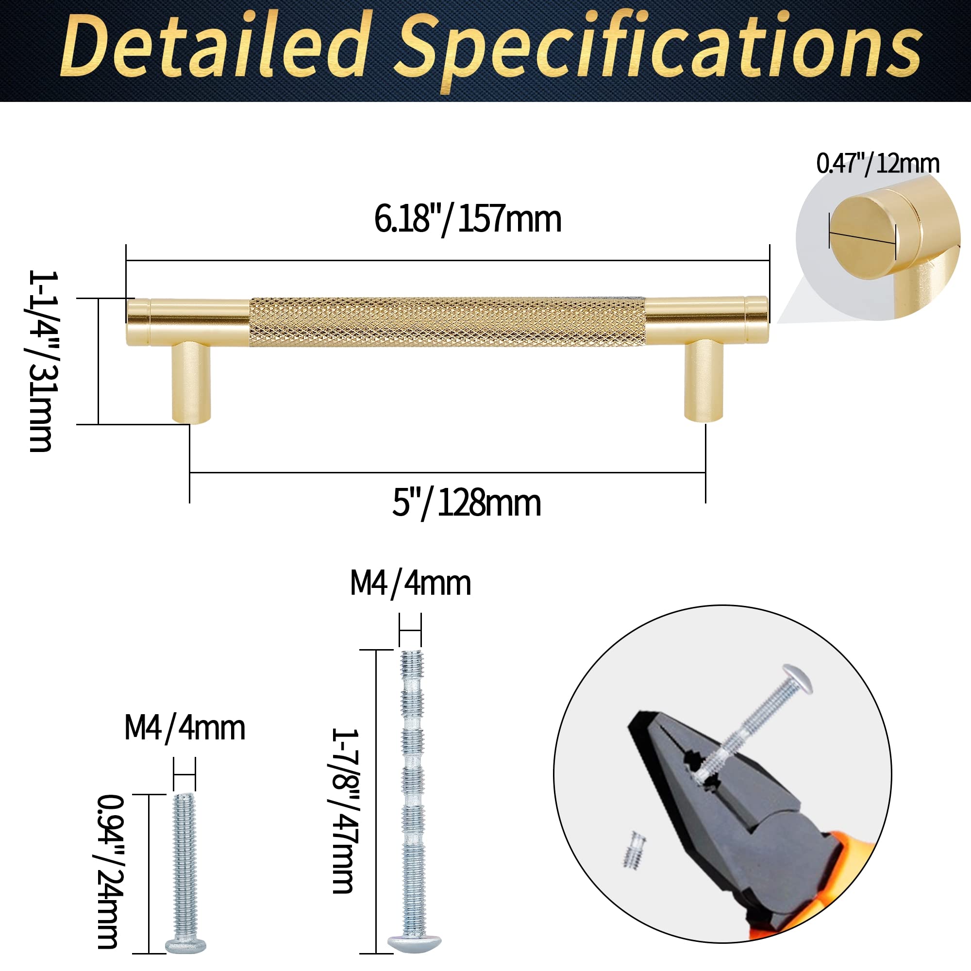 6 Pack Knurled Cabinet Pulls - 6 Inch Long Metal Kitchen Drawer Handles & Dresser Pulls (5
