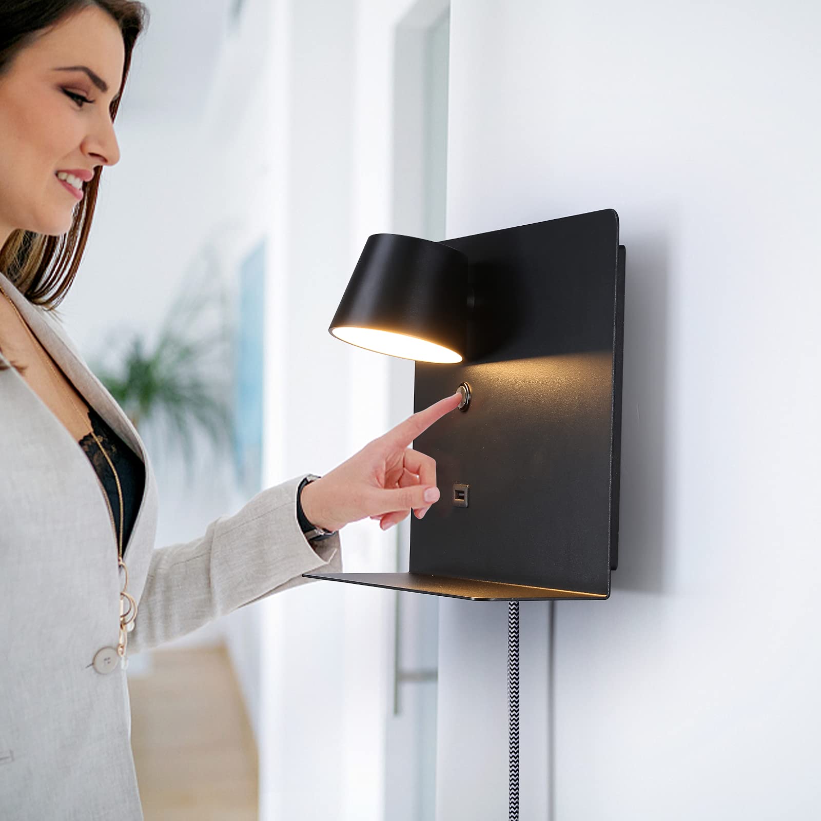 USB Wall Sconce with Shelf - LED Reading Light for Bedroom & Living Room - Black 11