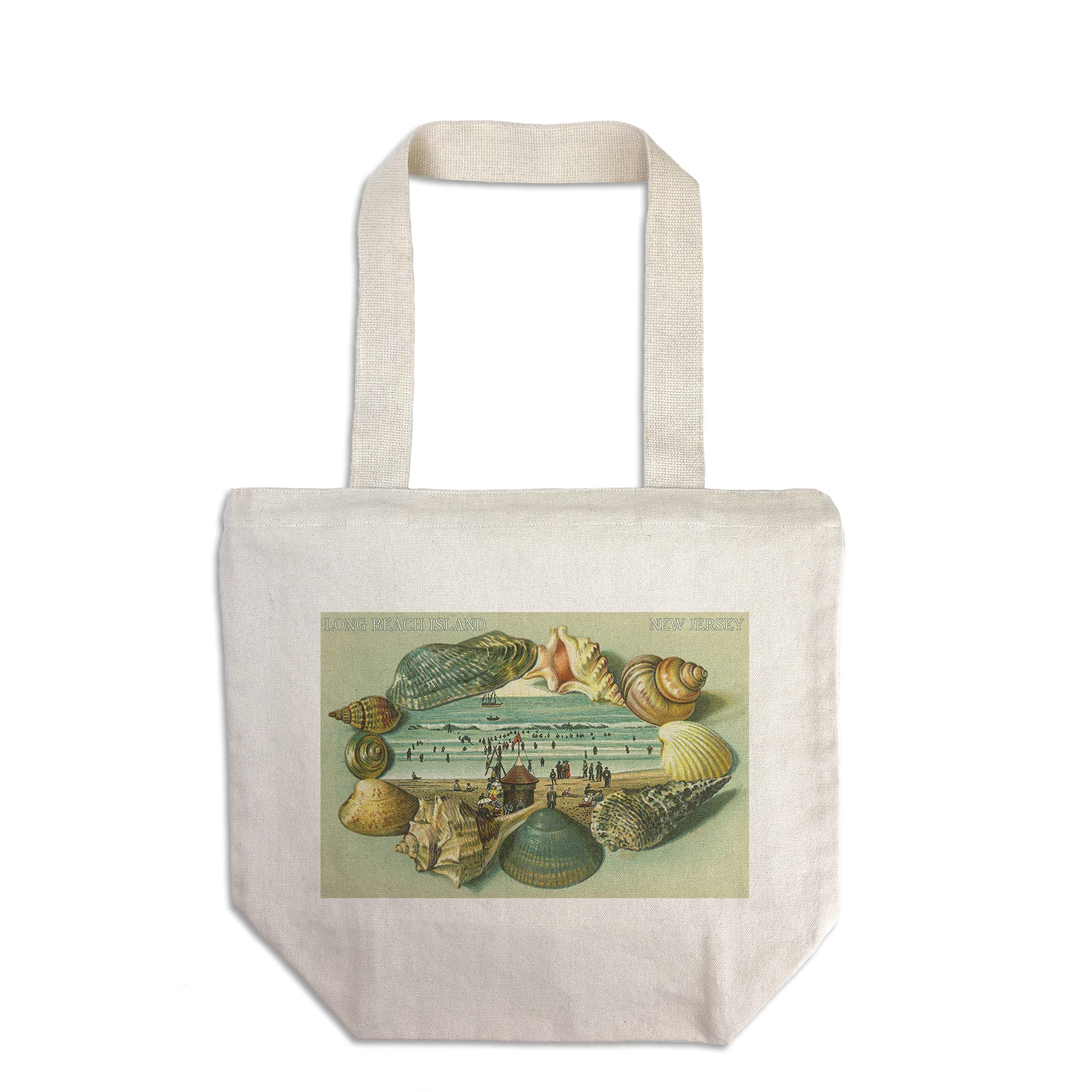 Lantern Press Long Beach Island New Jersey Scenic View Sea Shells Vintage Art Tote Bag - 100% Cotton Canvas Reusable Shopping Bag for Beach, Grocery & Daily Use