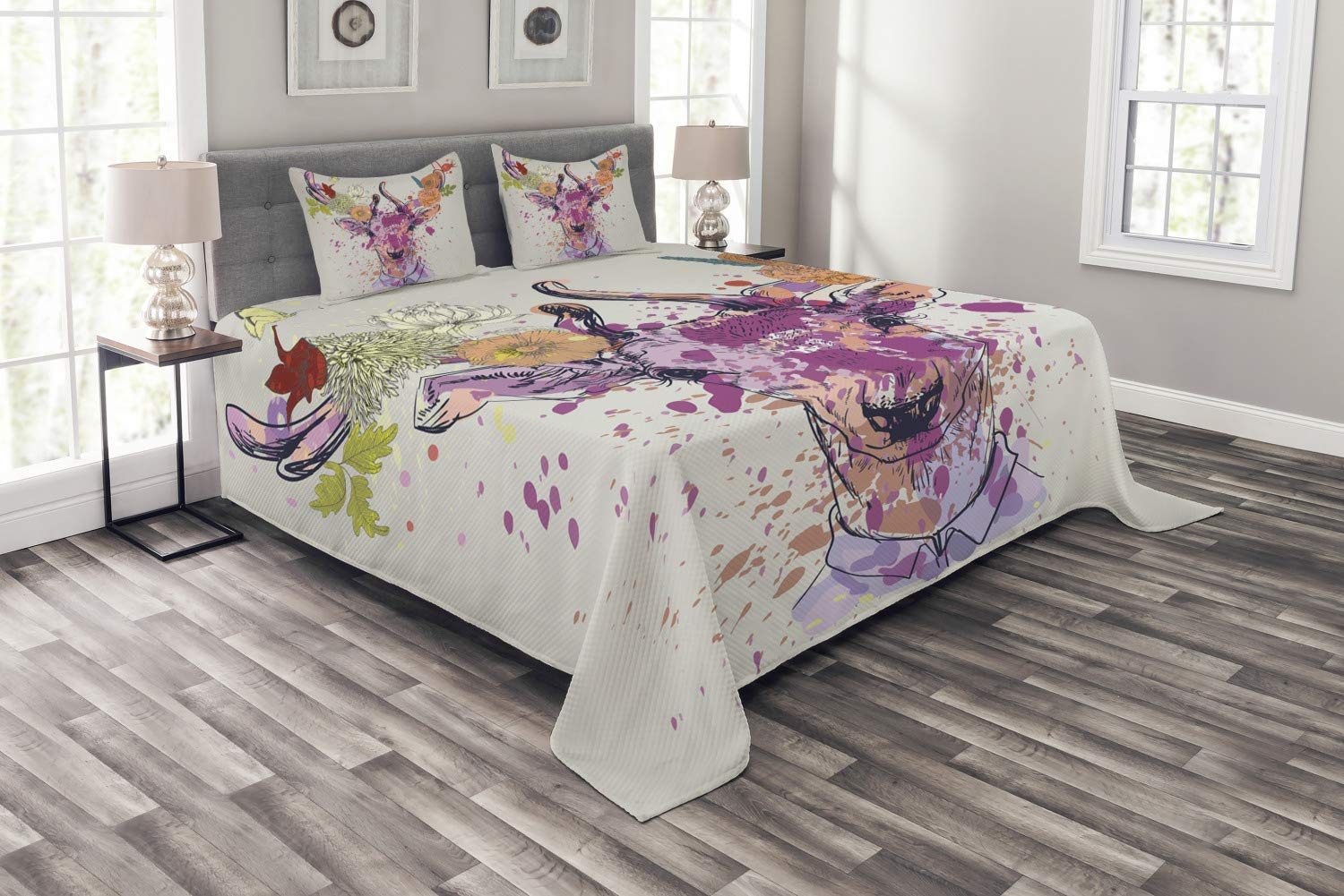 Ambesonne Indie King Size Bedspread Set - 3 Piece Decorative Bedding Coverlet with 2 Pillow Shams, Vibrant Deer Portrait with Color Splashes & Floral Horn Design | Perfect for Bohemian & Eclectic Bedroom Decor