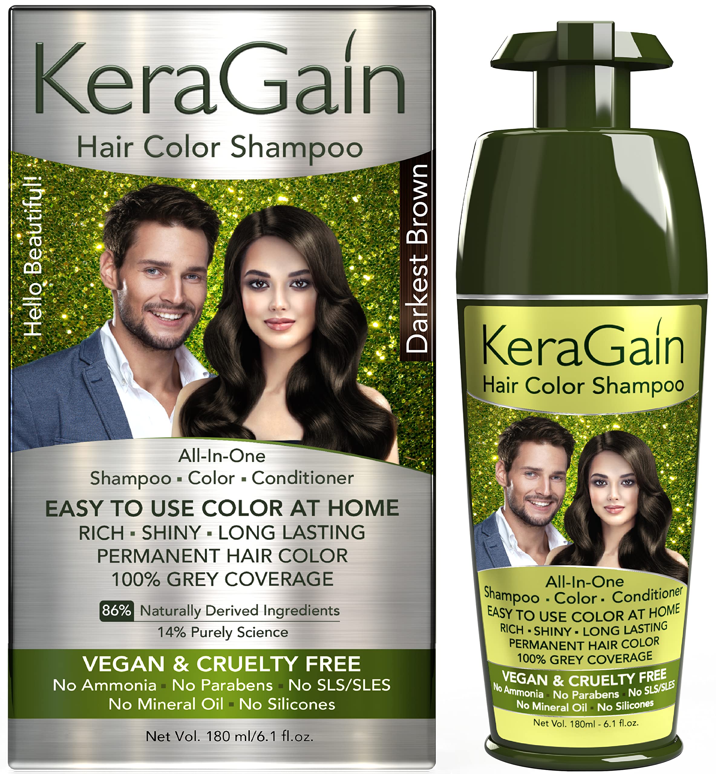 KeraGain Permanent Hair Dye Shampoo - Darkest Brown (180ml) | Ammonia & PPD Free Hair Color for Women & Men | 100% Gray Coverage Lasts 8 Weeks | Infused with Argan Oil, Onion Oil & Vegan Keratin | Perfect for At-Home Hair Coloring & Touch-Ups