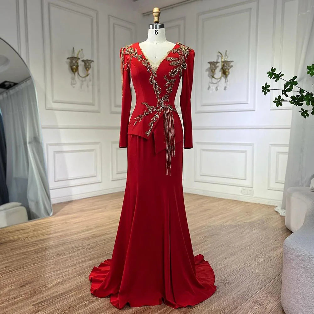 Elegant Arabic Red Mermaid Dresses for Women - Beaded Luxury Evening Gown with Tassel Details | Dubai Style Wedding Party Dress LA72558 | Perfect for Formal Events, Red Carpet & Special Occasions