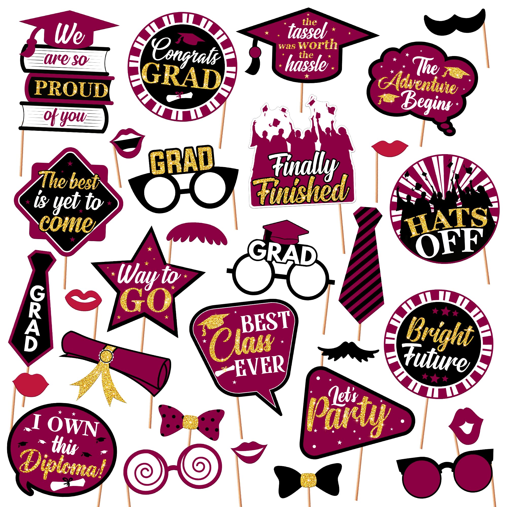 KatchOn 30-Pack Glitter Graduation Photo Booth Props 2025 - Maroon & Gold Graduation Decorations for Class of 2025 | Perfect for Graduation Parties, Photo Booths & School Celebrations