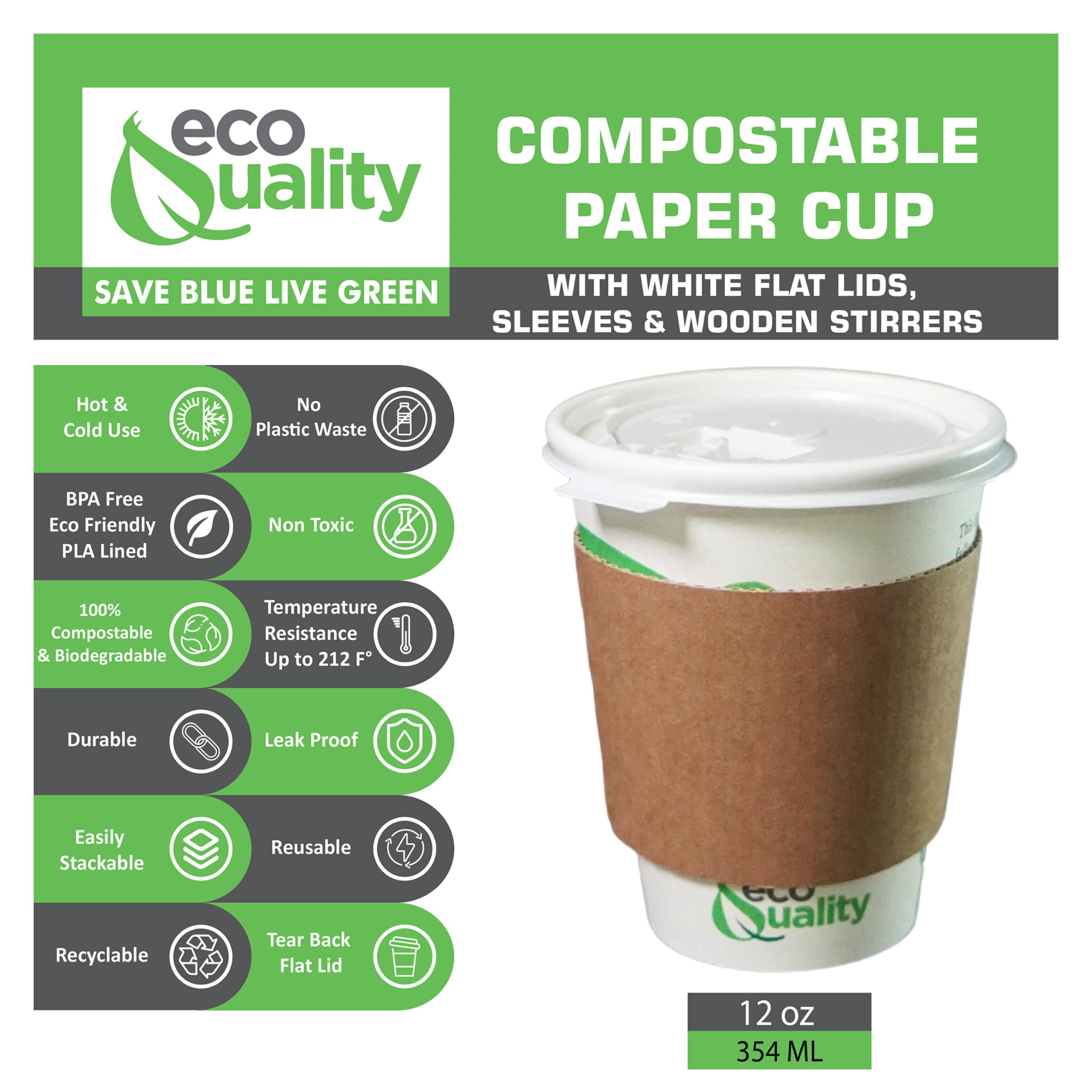 12 oz Biodegradable Compostable Paper Coffee Cups with White Flat Lids, Sleeves & Wooden Stirrers - PLA Lined Eco-Friendly Disposable Cups for Hot & Cold Beverages (300 Pack) - Perfect for Coffee Shops, Offices, Parties & Sustainable Events
