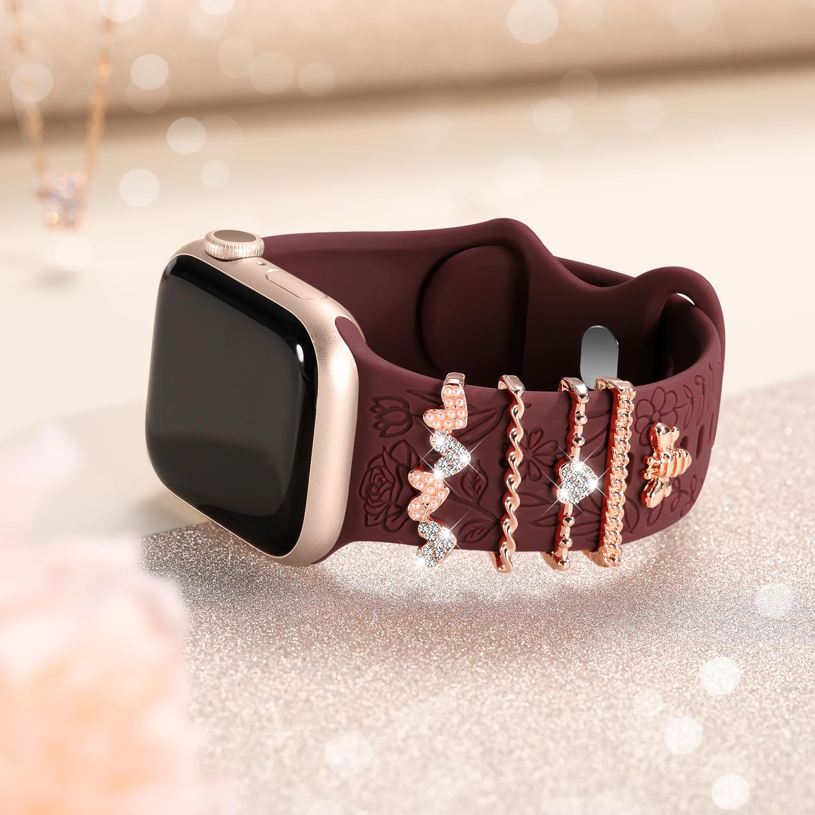 DaQin Floral Engraved Apple Watch Band - Soft Silicone Strap with Charms for Women - Compatible with iWatch Series 9/8/7/6/5/4/3/2/1/SE (38mm 40mm 41mm 42mm 44mm 45mm) - Perfect for Workouts, Office Wear & Everyday Fashion Accessory