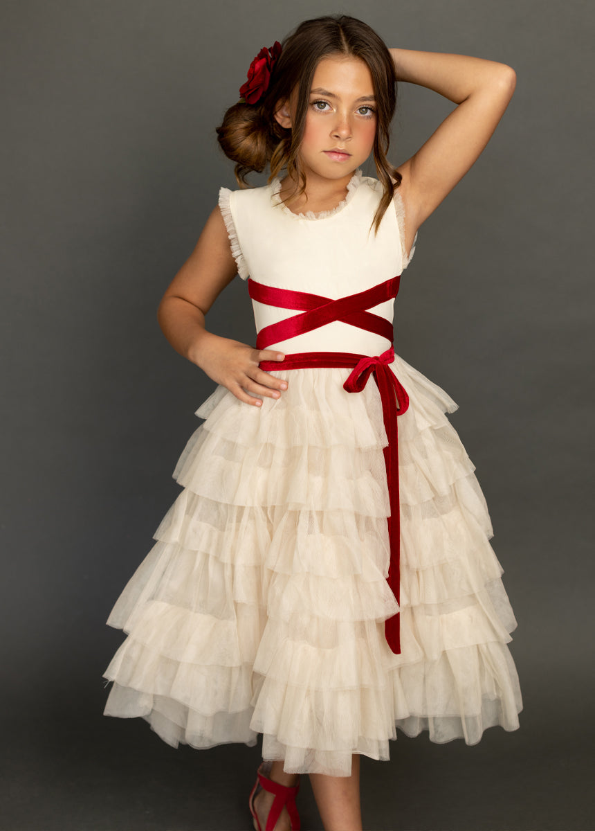 Geneva Petticoat Dress - Cream & Scarlet Vintage Style Swing Dress for Women | Perfect for Tea Parties, Weddings & Retro Fashion Events