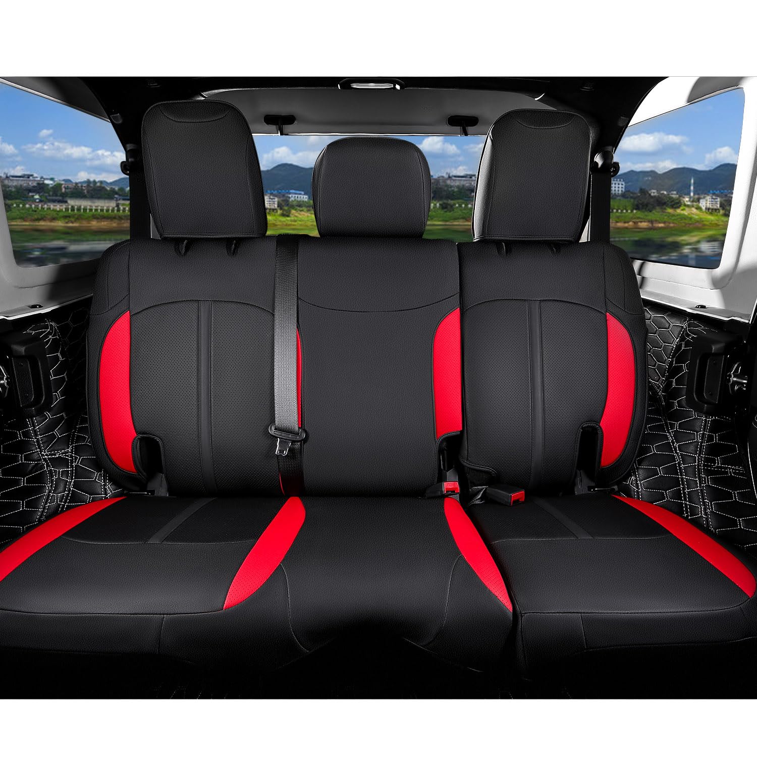 Premium PTYYDS Seat Covers for 2018-2024 Jeep Wrangler JL 4-Door - Custom Fit Car Seat Protectors & Accessories (Black & Red, No Cup Holder) - Perfect for Off-Roading, Daily Commute & Interior Protection