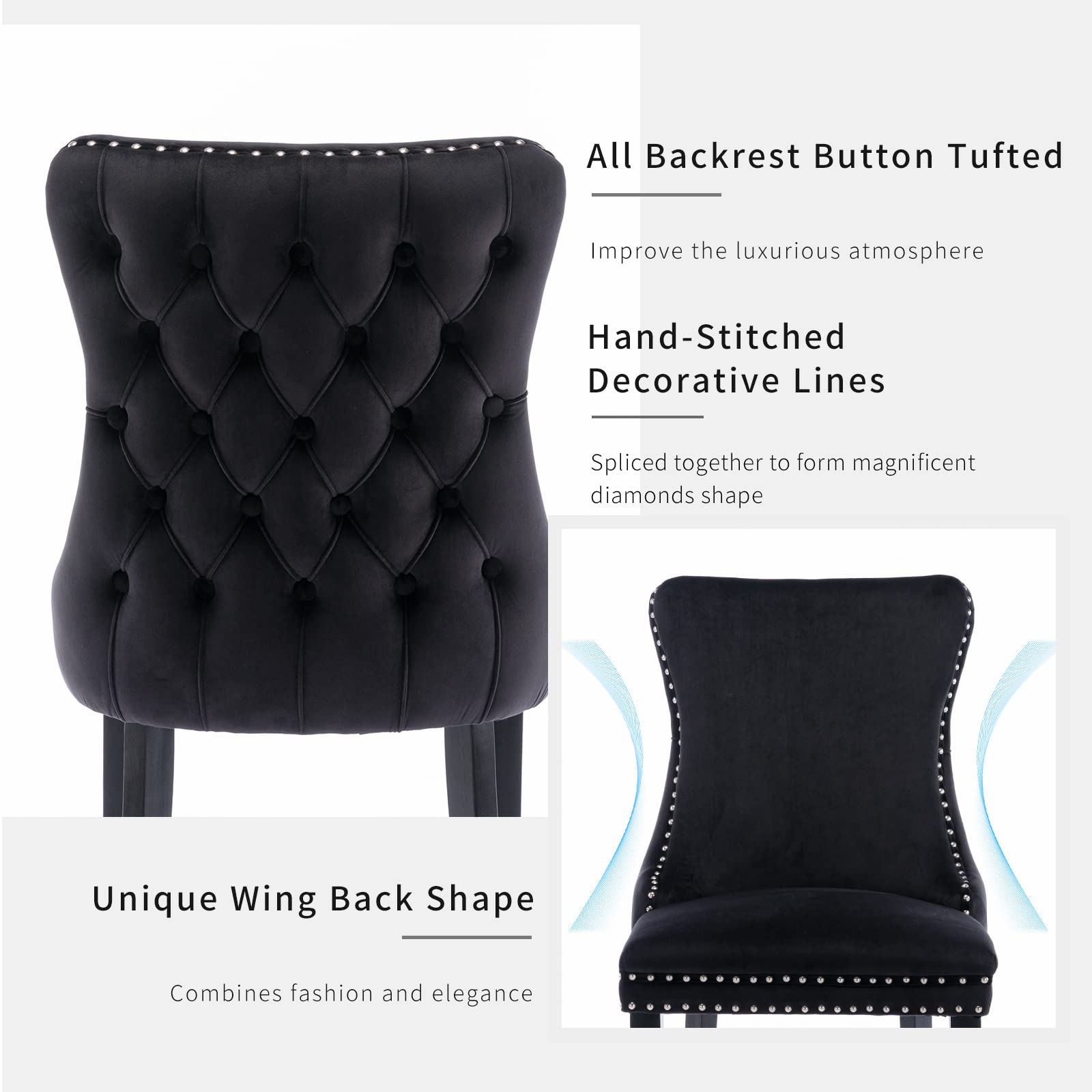 Luxury Black Velvet Dining Chairs Set of 4 - Tufted Backrest, Solid Wood Frame Upholstered Chairs for Kitchen & Dining Room - Elegant Home Decor for Dinner Parties & Family Gatherings (Black, 4 Pieces)