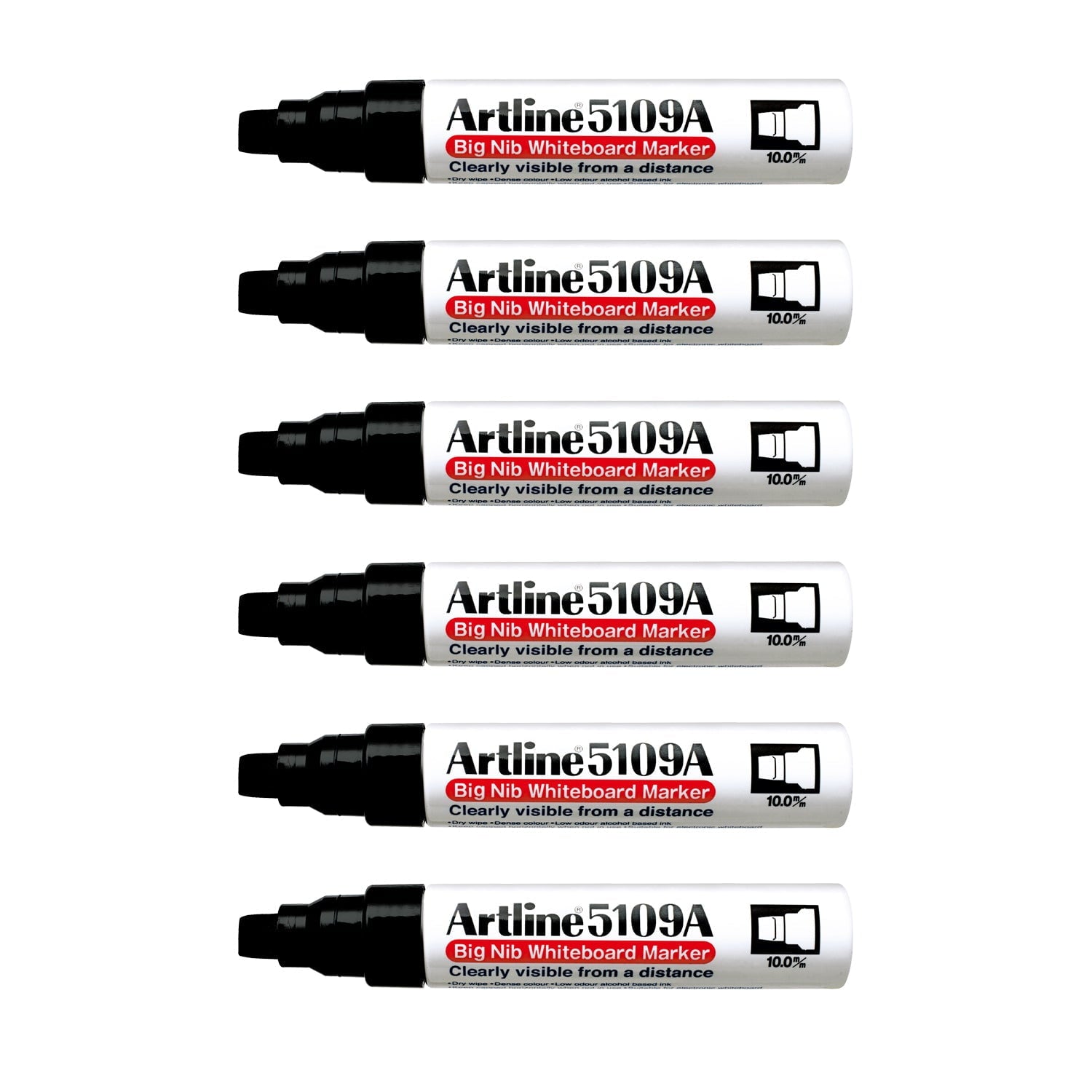 Artline 5109A Whiteboard Marker - 10mm Chisel Tip, Black Ink, 6-Pack for Office, Classroom & Home Use - Ideal for Presentations, Teaching & Daily Note Taking