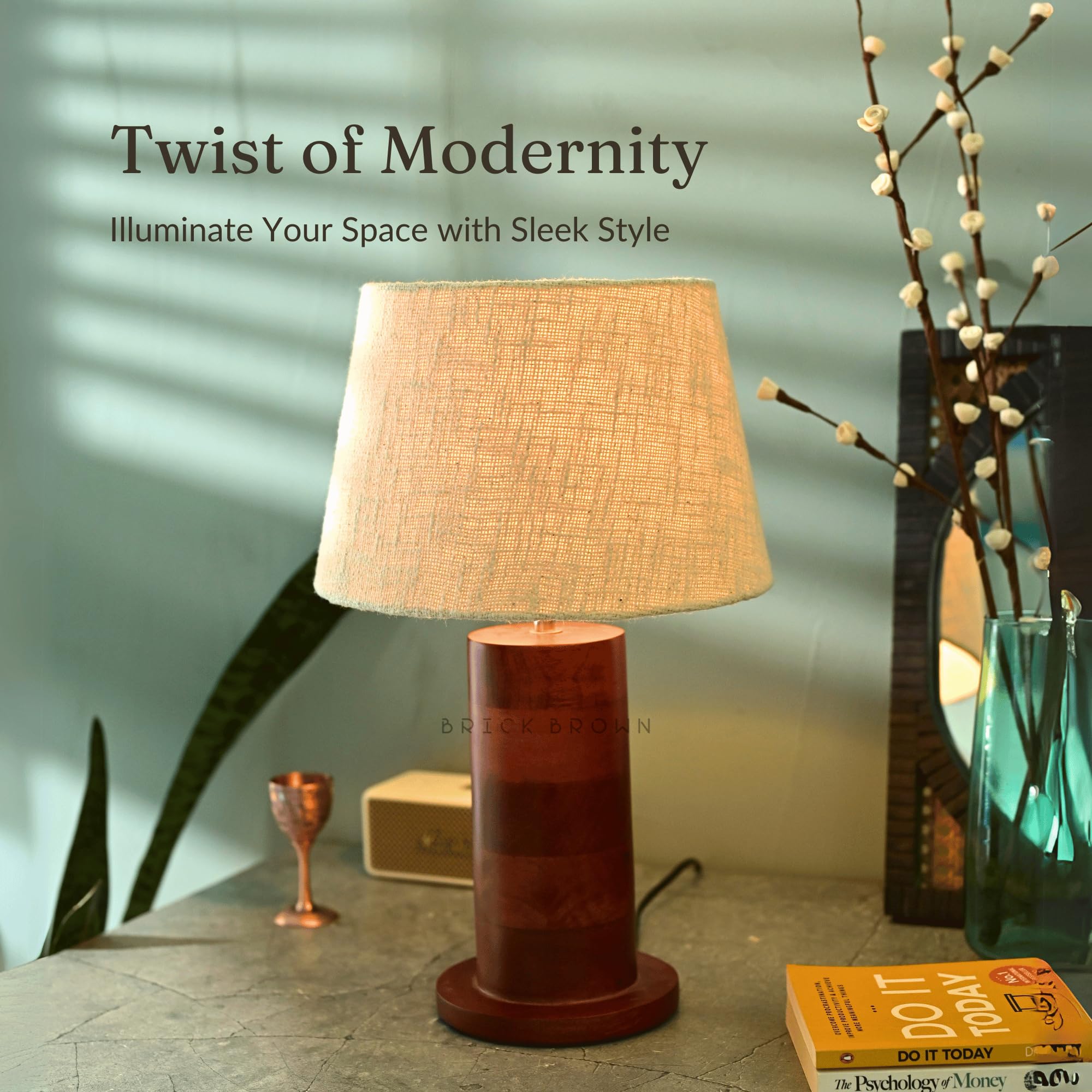 Brick Brown ® Premium Wooden Rounded Twist Table Lamp with Fabric Shade & LED Bulb - Modern Bedside Night Light for Bedroom, Living Room, Study Room - Warm Ambient Lighting for Reading & Relaxation