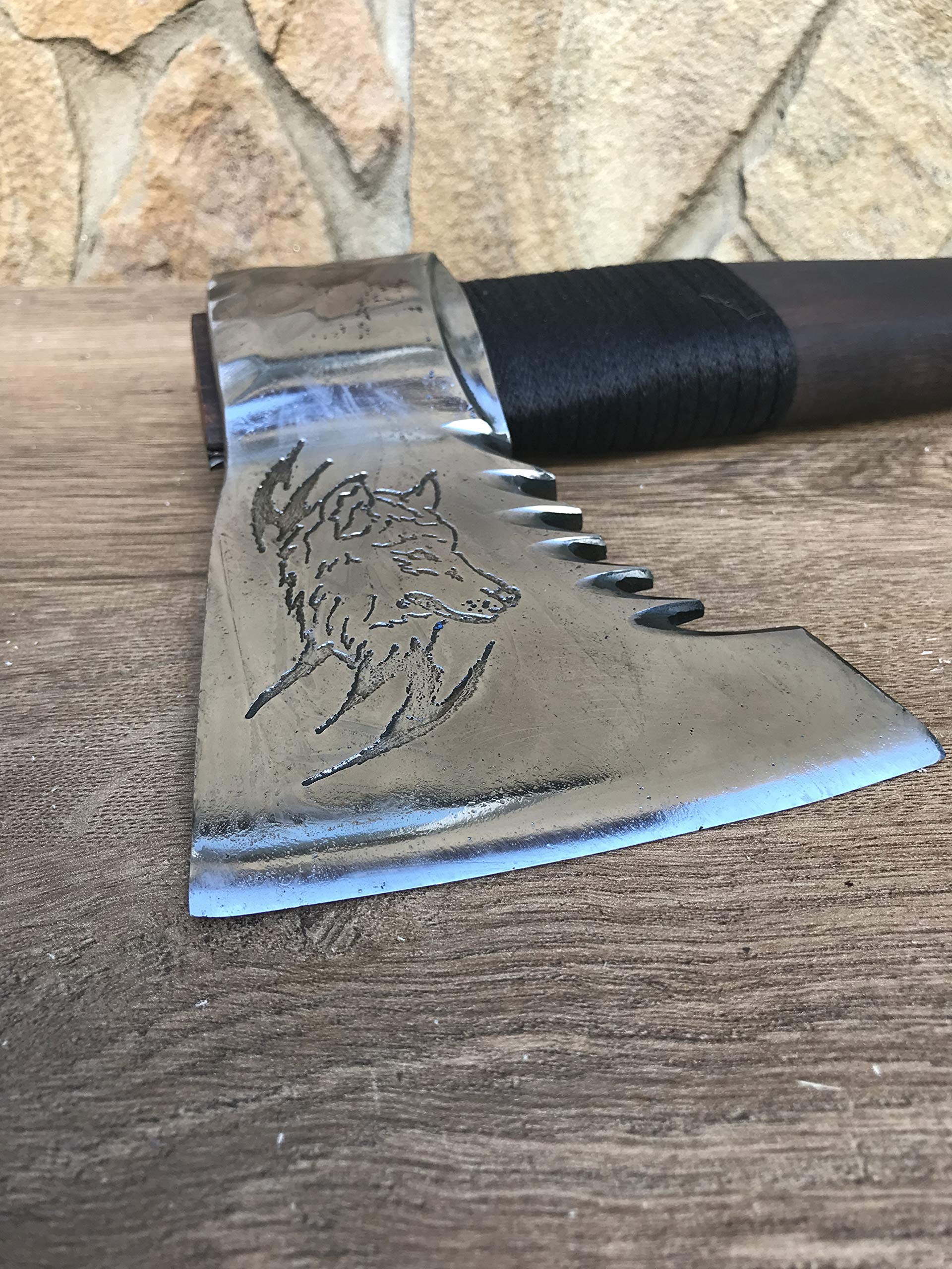 Personalized Viking Axe with Leather Sheath - Handcrafted Wolf Etched Design - Perfect Gift for Men, Dad & Handyman - Home Decor & Outdoor Tools for Camping, Woodworking & Survival