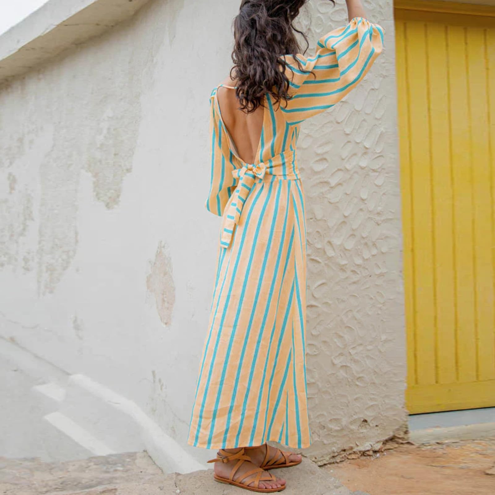 Women's Summer Puff Sleeve Long Dress - Boho Backless Tie Waist Maxi Dress, Bohemian Midi Dress with Gauze Fabric & High Waist - Perfect for Beach Vacations, Music Festivals & Summer Parties