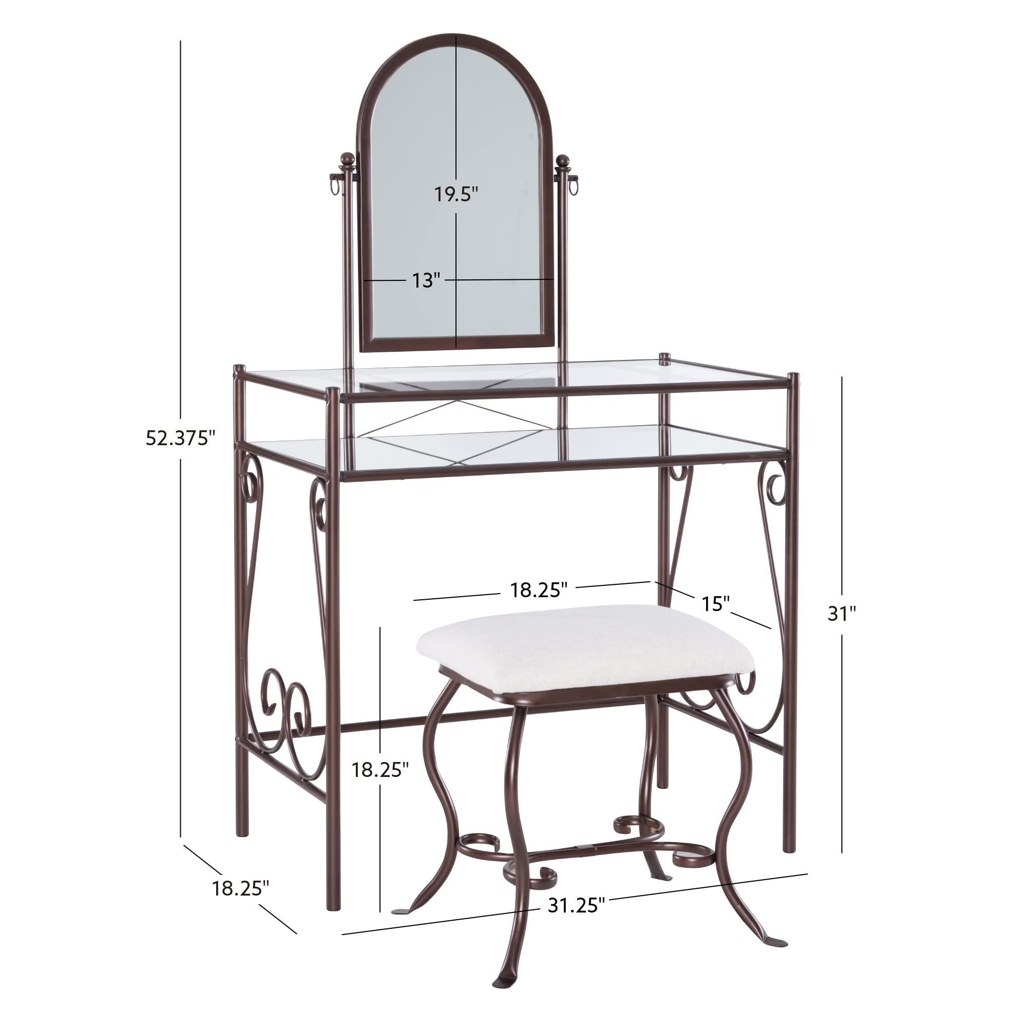 Linon Clarisse Vanity Set - Dark Metal Dressing Table with Upholstered Stool, 52.4 x 31.8 x 18.3 Inches - Perfect for Bedroom Makeup & Jewelry Organization