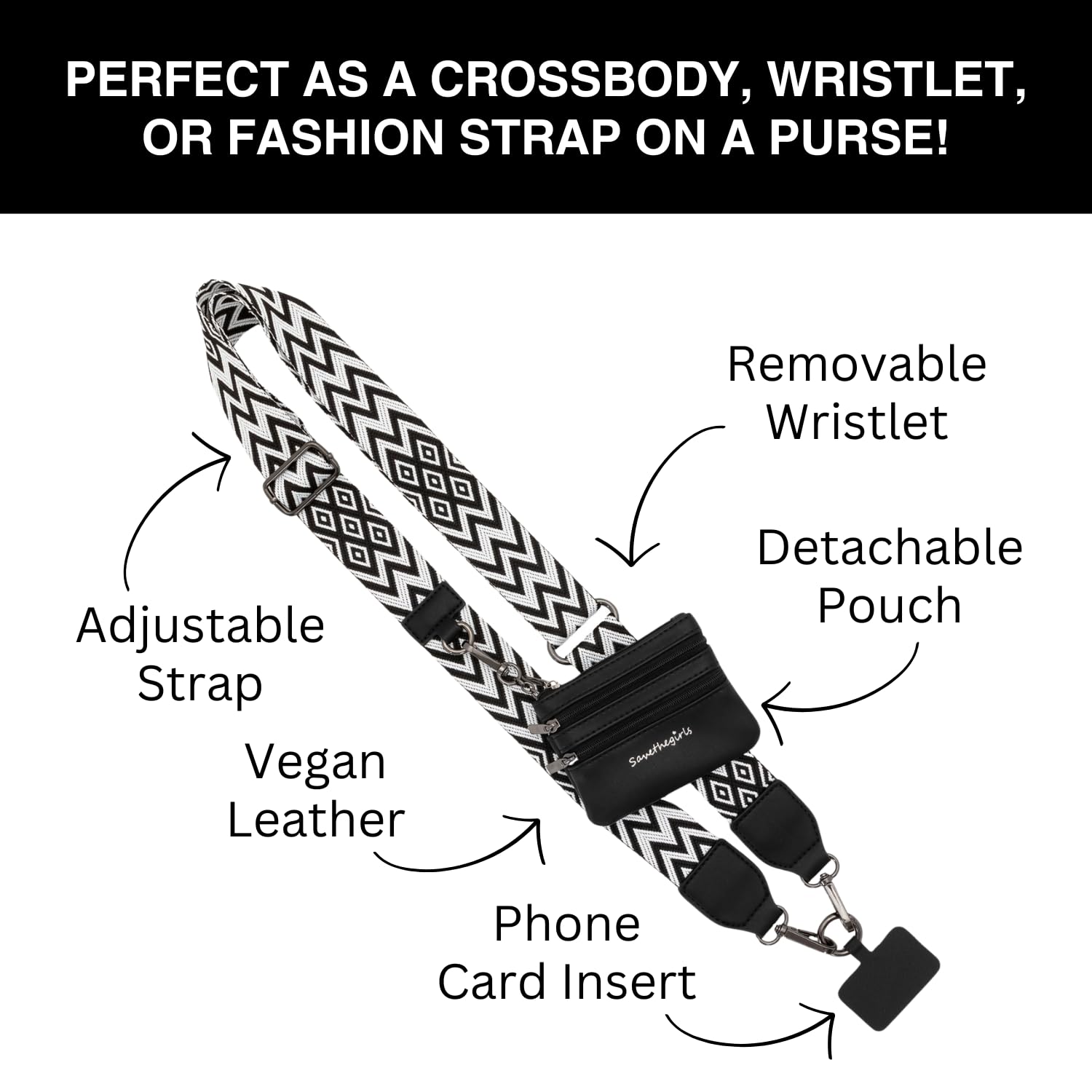 Chevron Black & White Crossbody Phone Lanyard with Zipper Wallet Pouch - Secure Hands-Free Phone Strap for Travel, Shopping & Events - Clip & Go Design for iPhone, Android & Smartphones