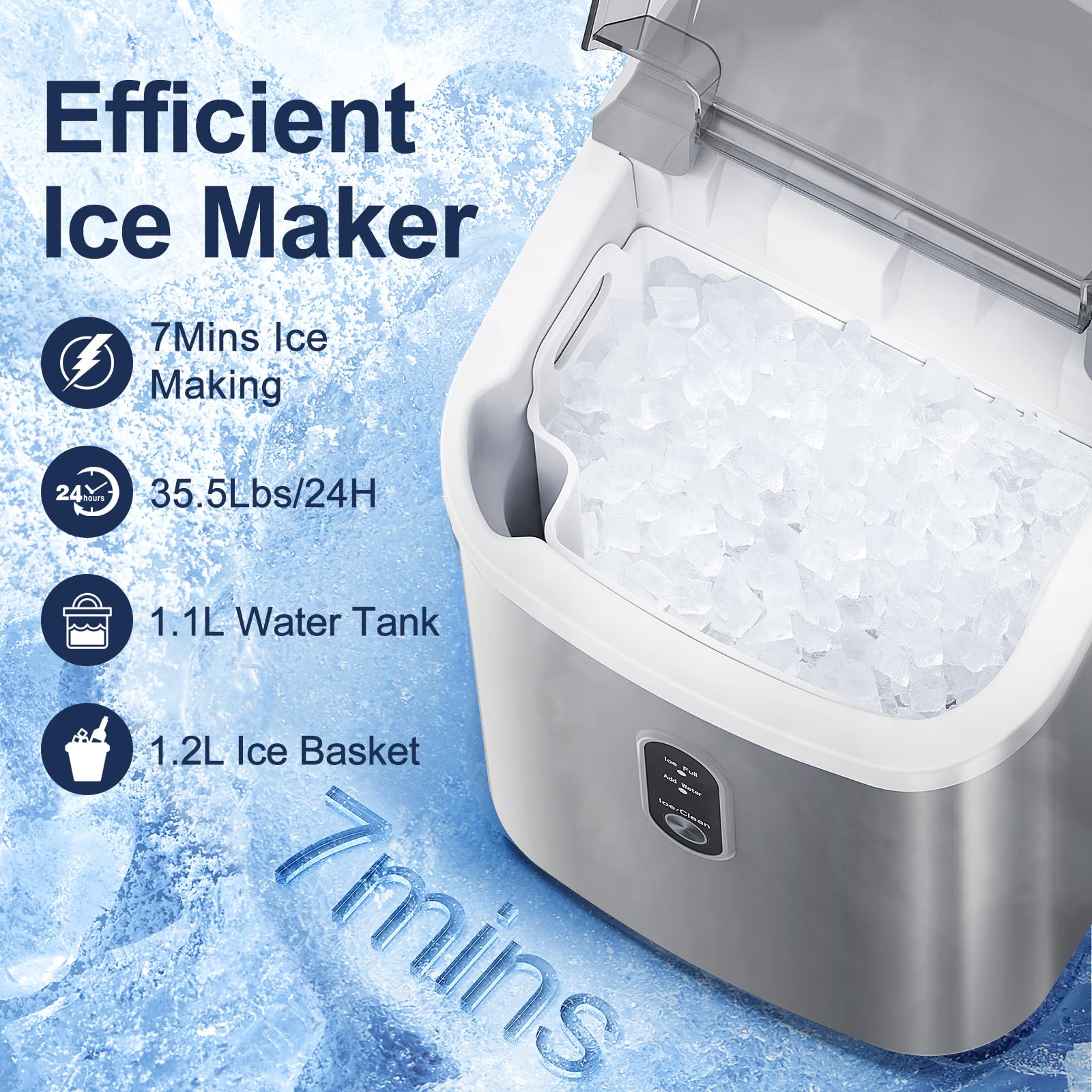ZAFRO 35.5Lbs/24H Portable Ice Maker with Handle - Fast 7-Minute Ice Making, One-Click Operation, Includes Ice Basket & Scoop (Grey) - Perfect for Home, Office, RV, and Outdoor Parties