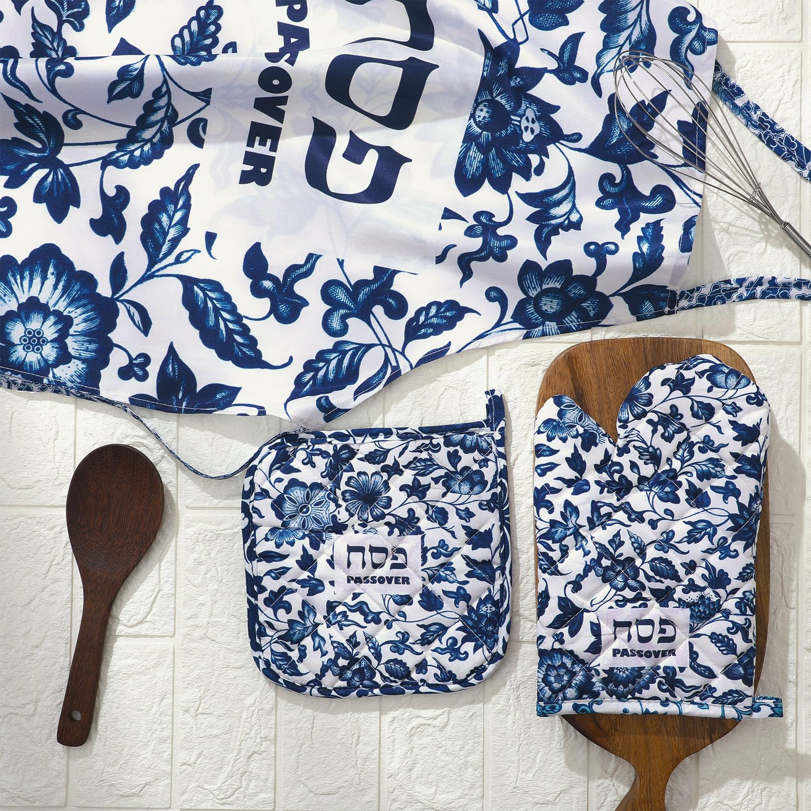 Passover Kitchen Accessories Set - Kosher Cooking Apron, Heat Resistant Pot Holder & Oven Mitt for Passover Seder - Floral Design for Holiday Cooking & Baking