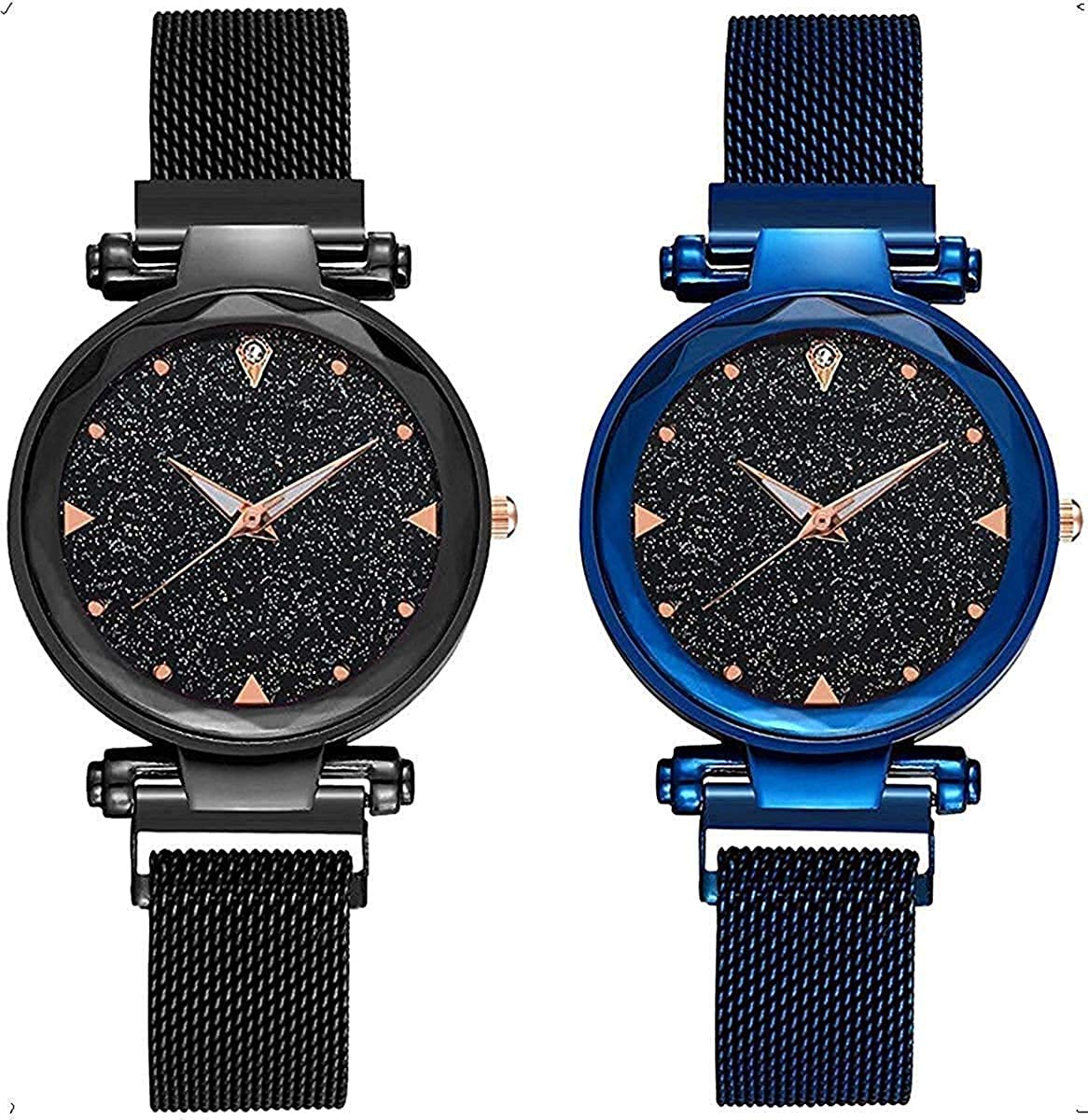 SELLORIA Stainless Steel Analog Black and Blue Casual Watch with Magnetic Clasp - 2-Pack for Women & Girls - Perfect for Everyday Wear, Work, and Fashion Accessories