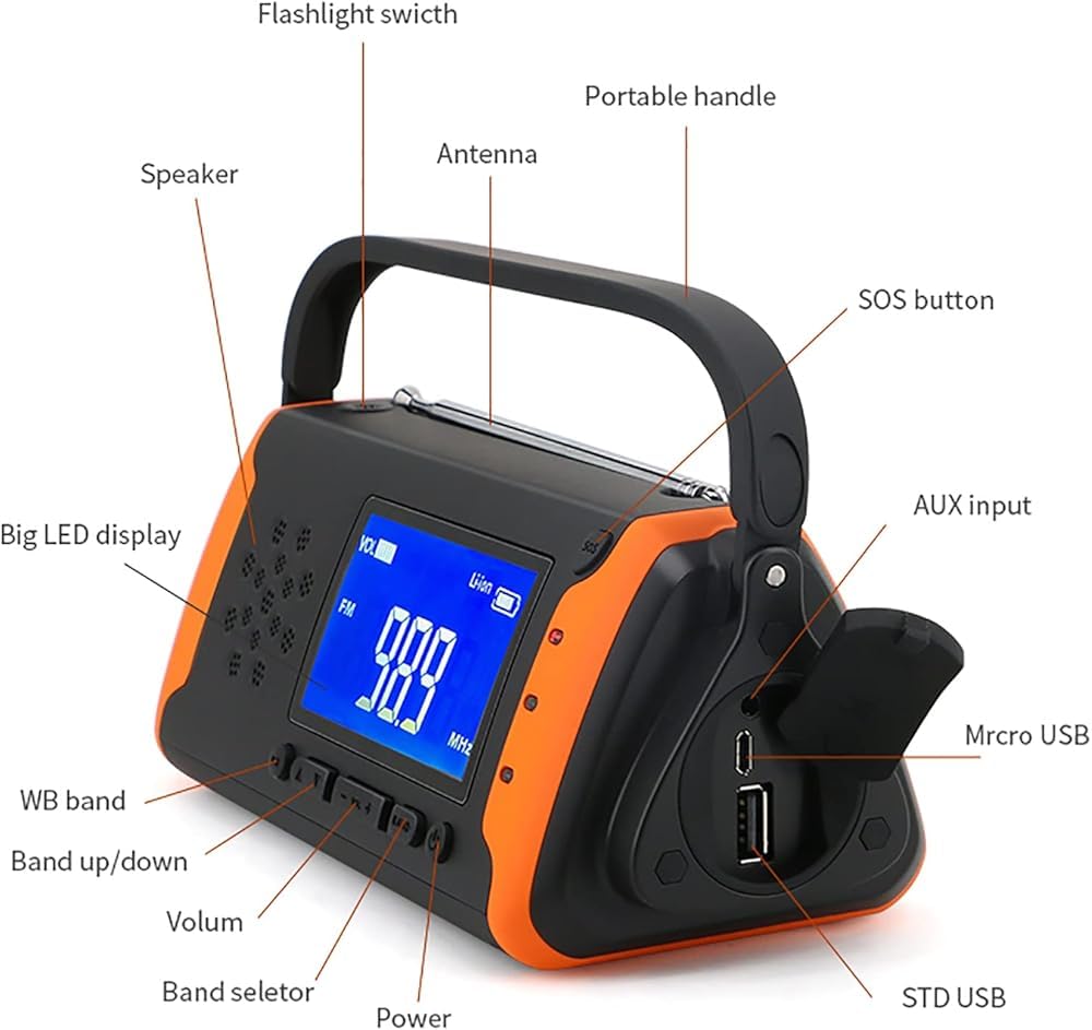 4000mAh Solar Hand Crank Emergency Weather Radio with LED Flashlight, Phone Charger & SOS Alarm - Portable Power for Outdoor Camping, Hiking, and Emergency Preparedness