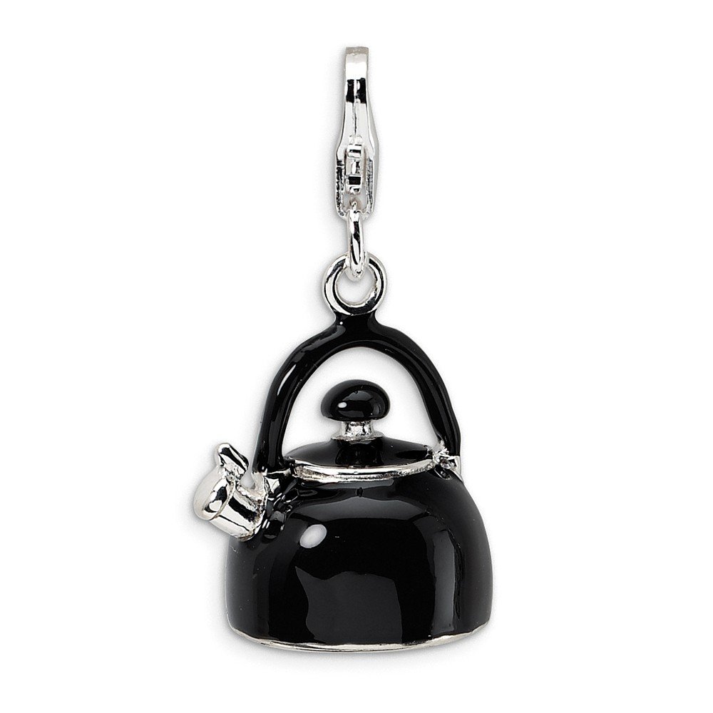 Sterling Silver 3D Enameled Black Tea Kettle Charm with Lobster Clasp - Elegant Jewelry Gift for Tea Lovers, Unique Pendant for Necklace, Bracelet & Keychain - Perfect for Daily Wear, Tea Parties & Special Occasions
