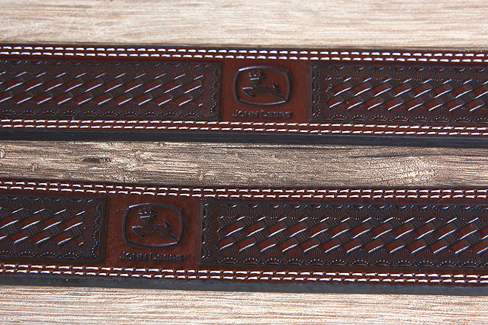 John Deere Wide Top Grain Basketweave Leather Cowboy Belt for Men - Chocolate Brown - Perfect for Western Rodeo, Ranch Work & Country Fashion