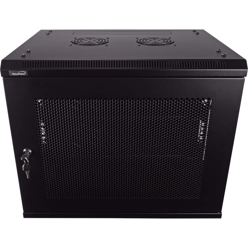 NavePoint 9U Deluxe IT Wall Mount Cabinet - 19-Inch Server Network Rack with Locking Perforated Door, Black - Includes Shelves for Secure Data Center & Office Equipment Storage