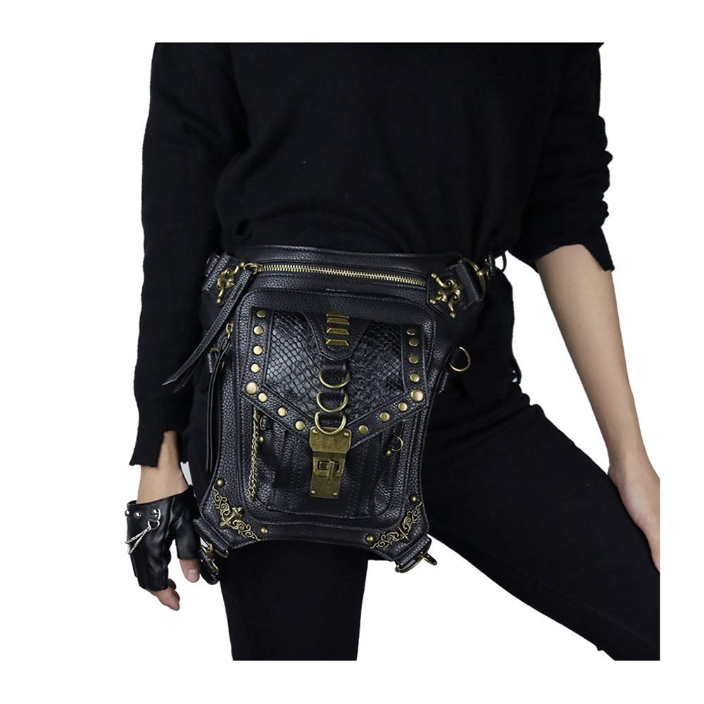 **Steampunk Leather Shoulder Bag - Gothic Vintage Skull Handbag, Multifunctional Tactical Waist Pack & Drop Leg Bag for Women & Men (Black) - Perfect for Cosplay, Halloween, LARP & Gothic Fashion**