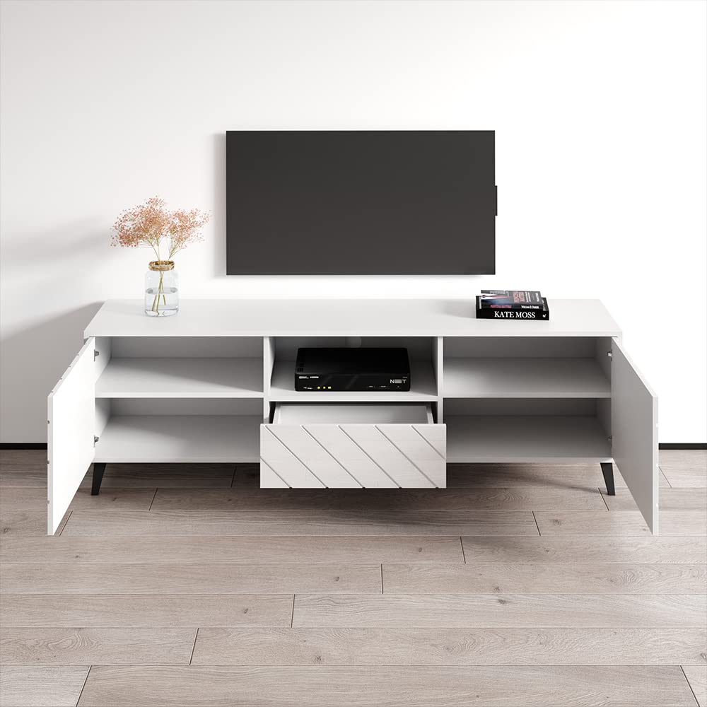 Mid-Century Modern White High-Gloss TV Stand with Storage - 71