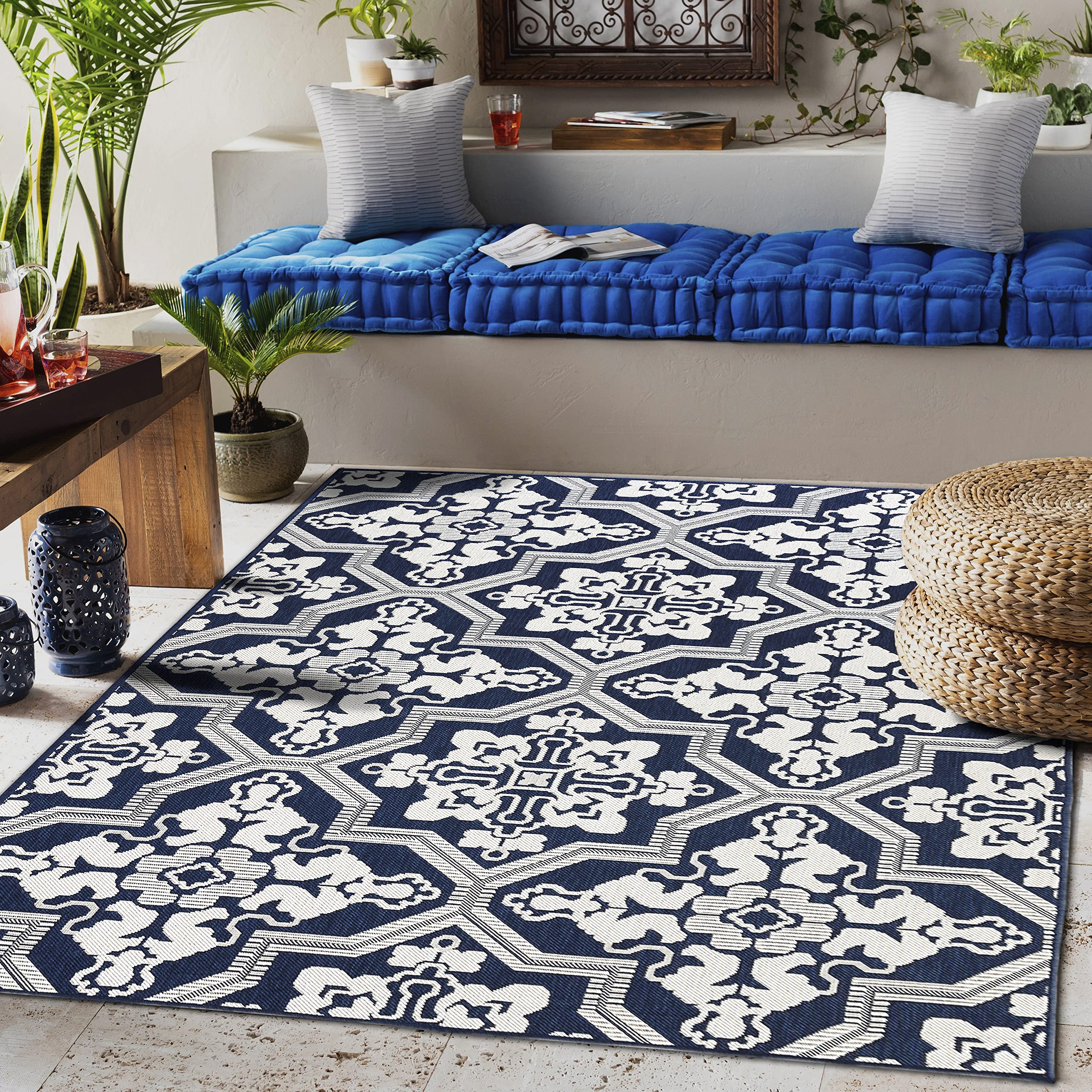 Washable Stain-Resistant Indoor Outdoor Balcony Tile Area Rug - Easy to Clean Navy Blue Carpet (8'x10') for Patio, Deck, Garden & Home Decor