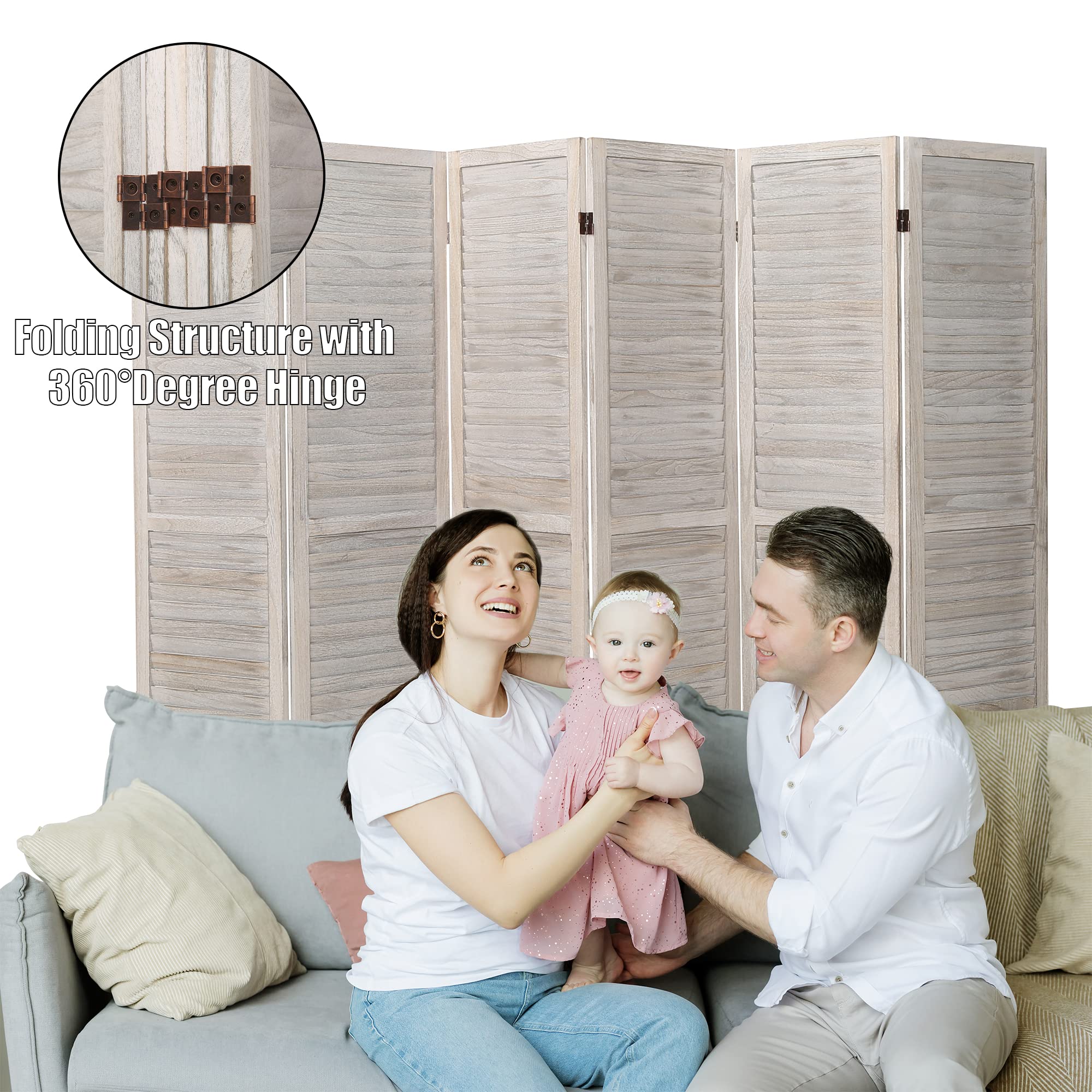 ECOMEX 6 Panel Wood Room Divider - 5.6Ft Tall Folding Privacy Screen with Louvered Design - Freestanding Partition for Home Office, Restaurant & Bedroom (White) | Perfect for Space Division, Room Separation & Decoration