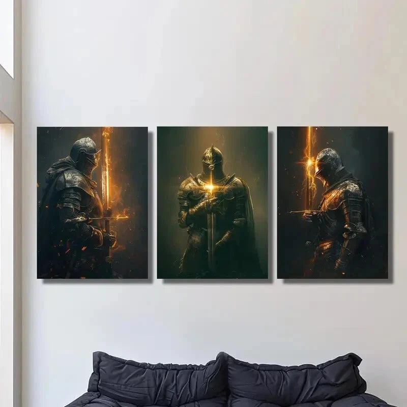 3-Piece Flame Knight Full Armor Metal Wall Art - Ready to Hang Medieval Knight Decor for Living Room, Bedroom & Office