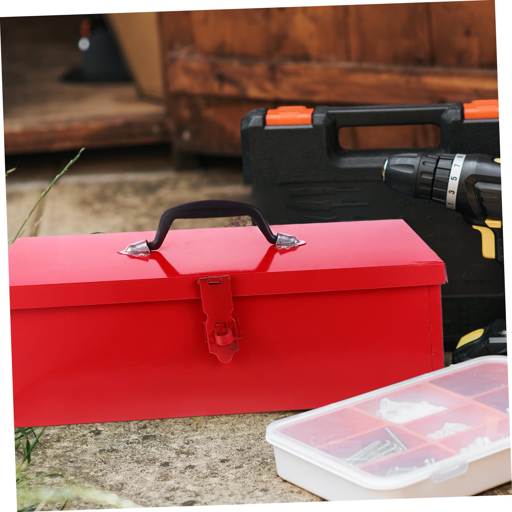 DOITOOL 1pc Black Metal Tool Box - Heavy Duty Iron Sheet Tool Storage Case for Car, Tractor & Household Tools - Portable Repair Toolbox for Garage, Workshop & DIY Projects